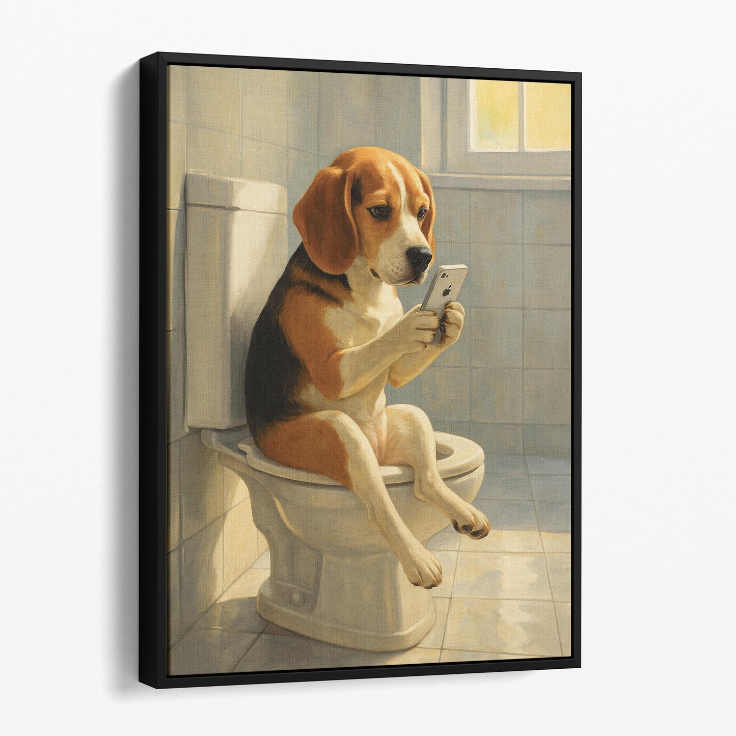 Beagle Dog On The Phone On The Toilet