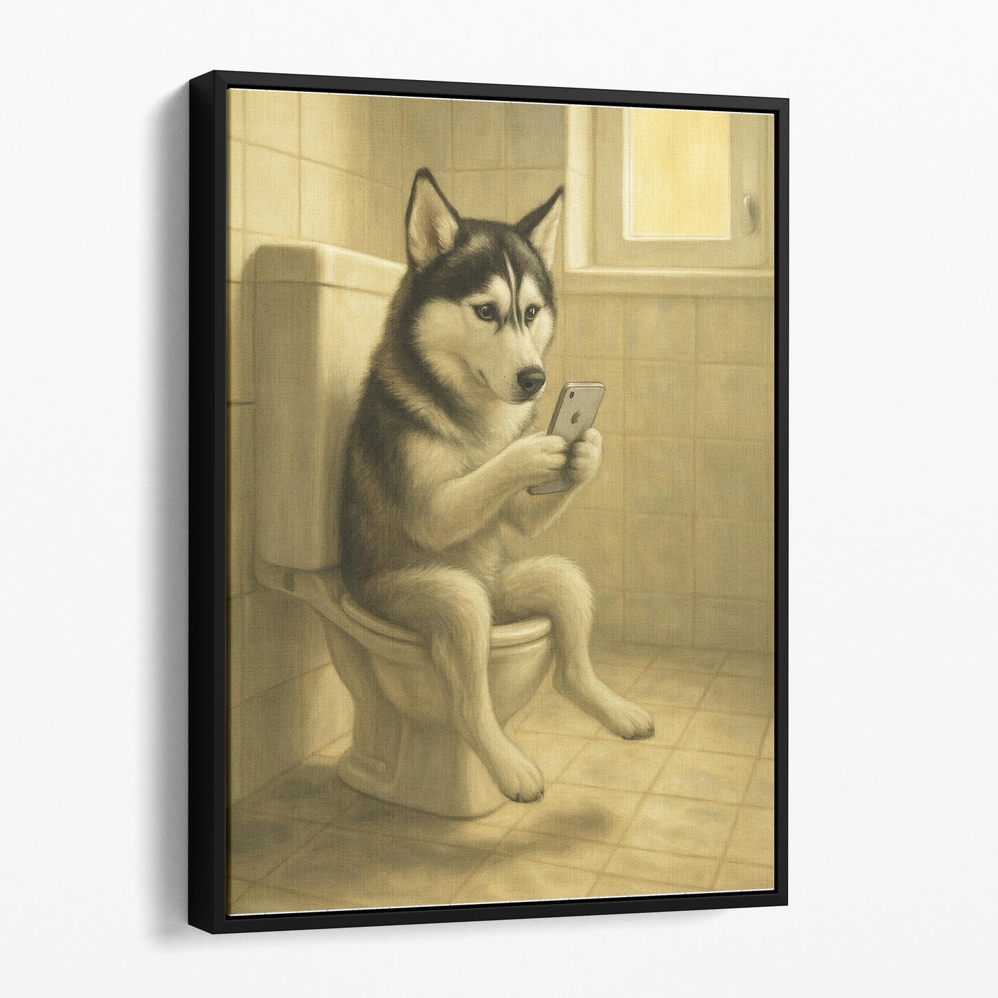 Siberian Husky Dog On The Phone On The Toilet