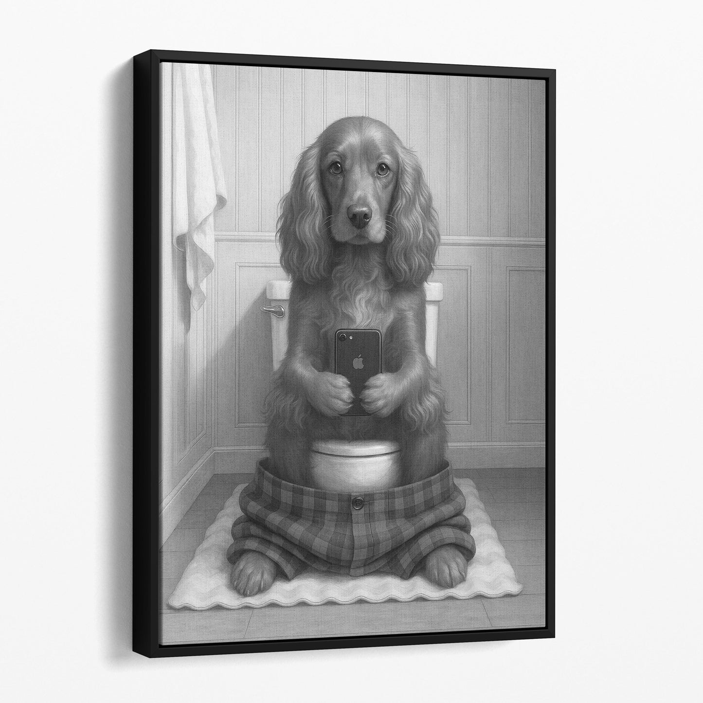 English Cocker Spaniel Dog On The Phone On The Toilet