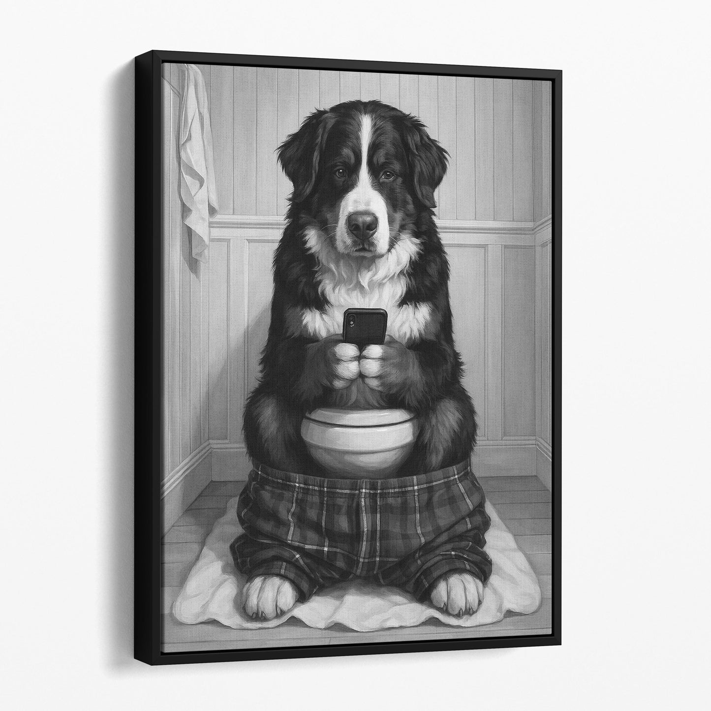 Bernese Mountain Dog On The Phone On The Toilet