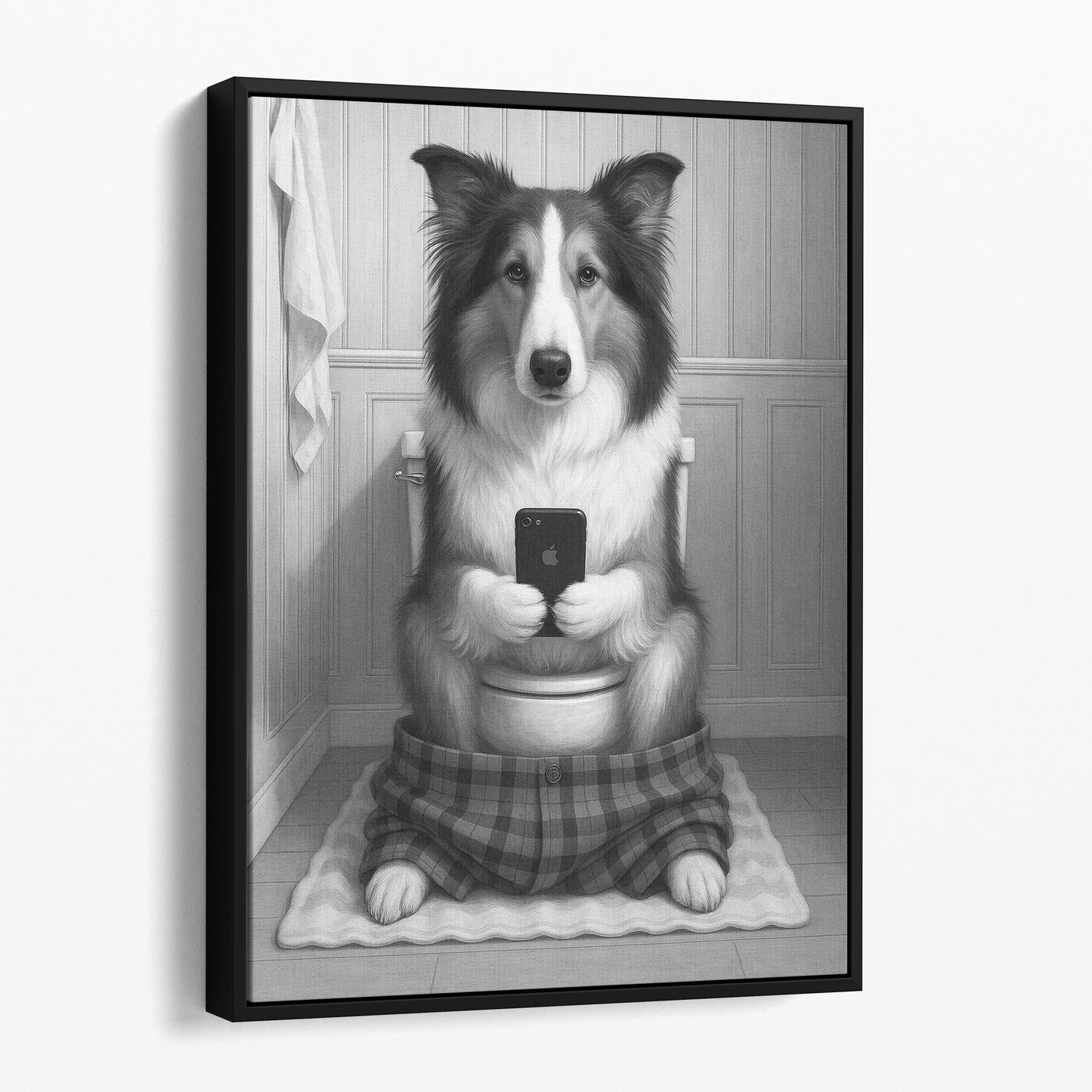 Collie Dog On The Phone On The Toilet