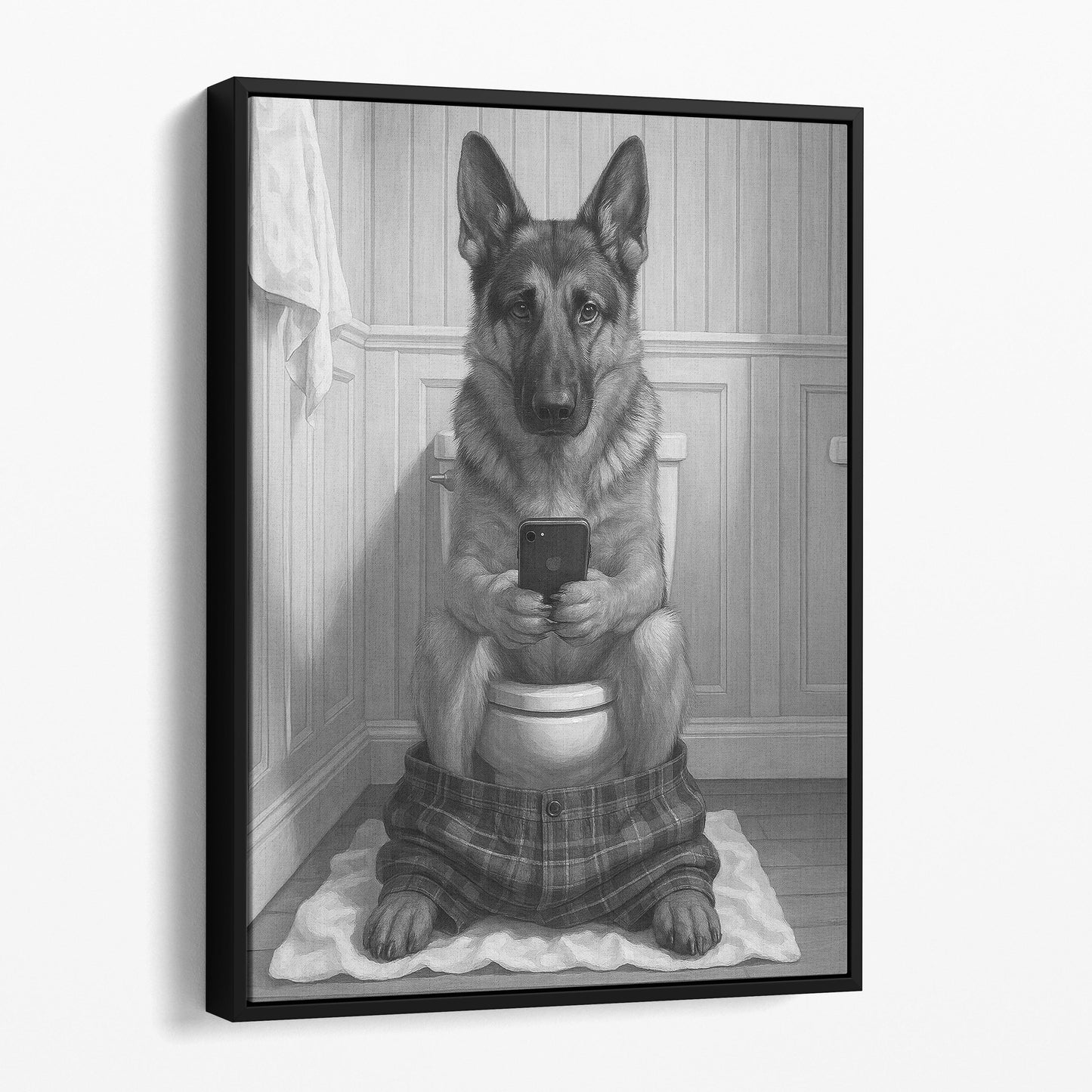 German Shepherd Dog On The Phone On The Toilet