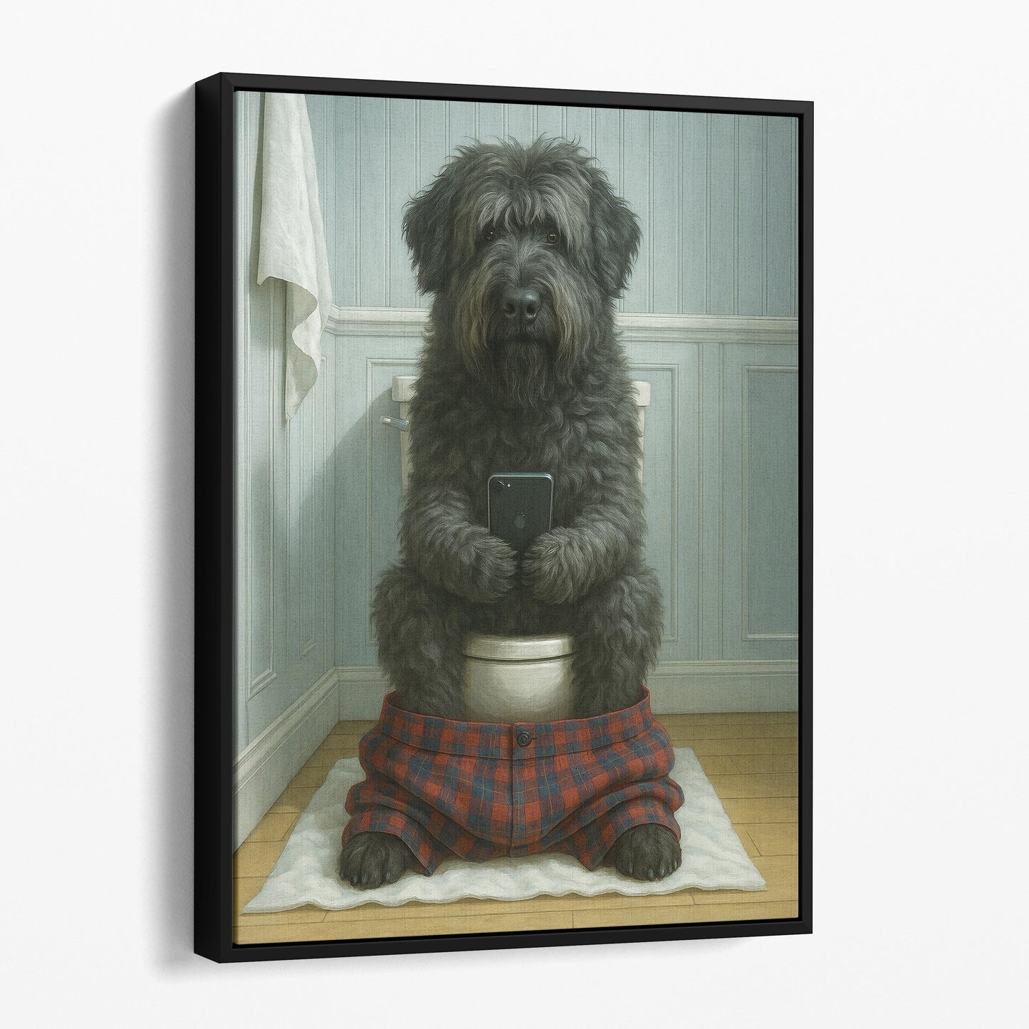 Bouvier des Flandres Dog On The Phone On The Toilet