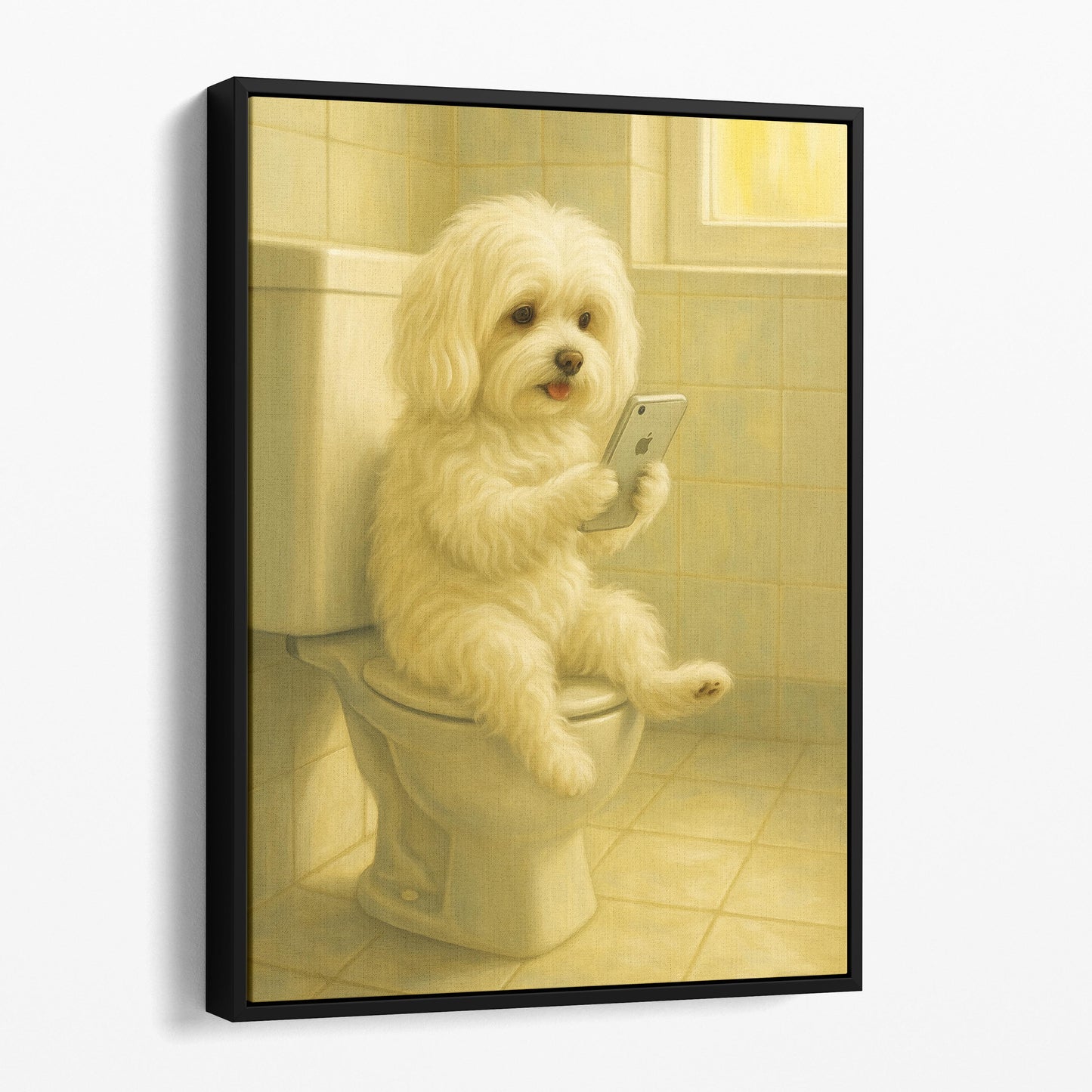 Maltese On The Phone On The Toilet