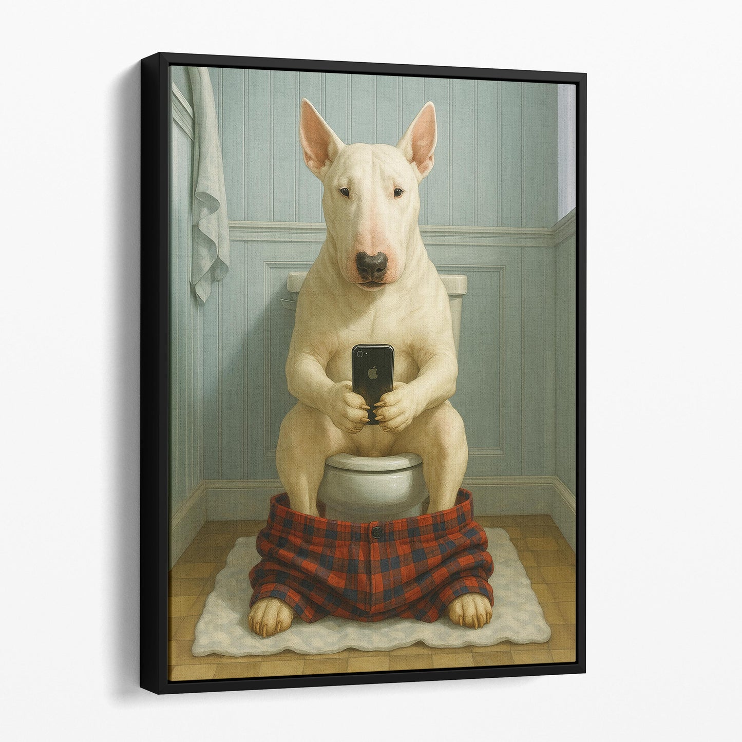 Bull Terrier Dog On The Phone On The Toilet