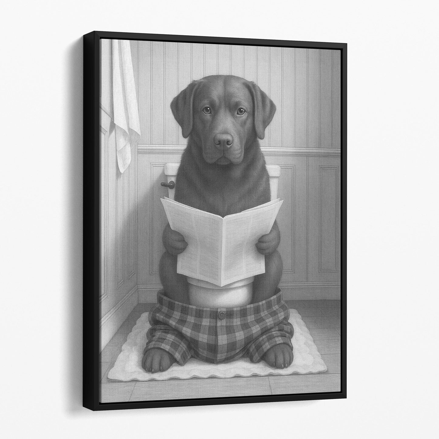 Chocolate Labrador Dog Reading The Newspaper On The Toilet