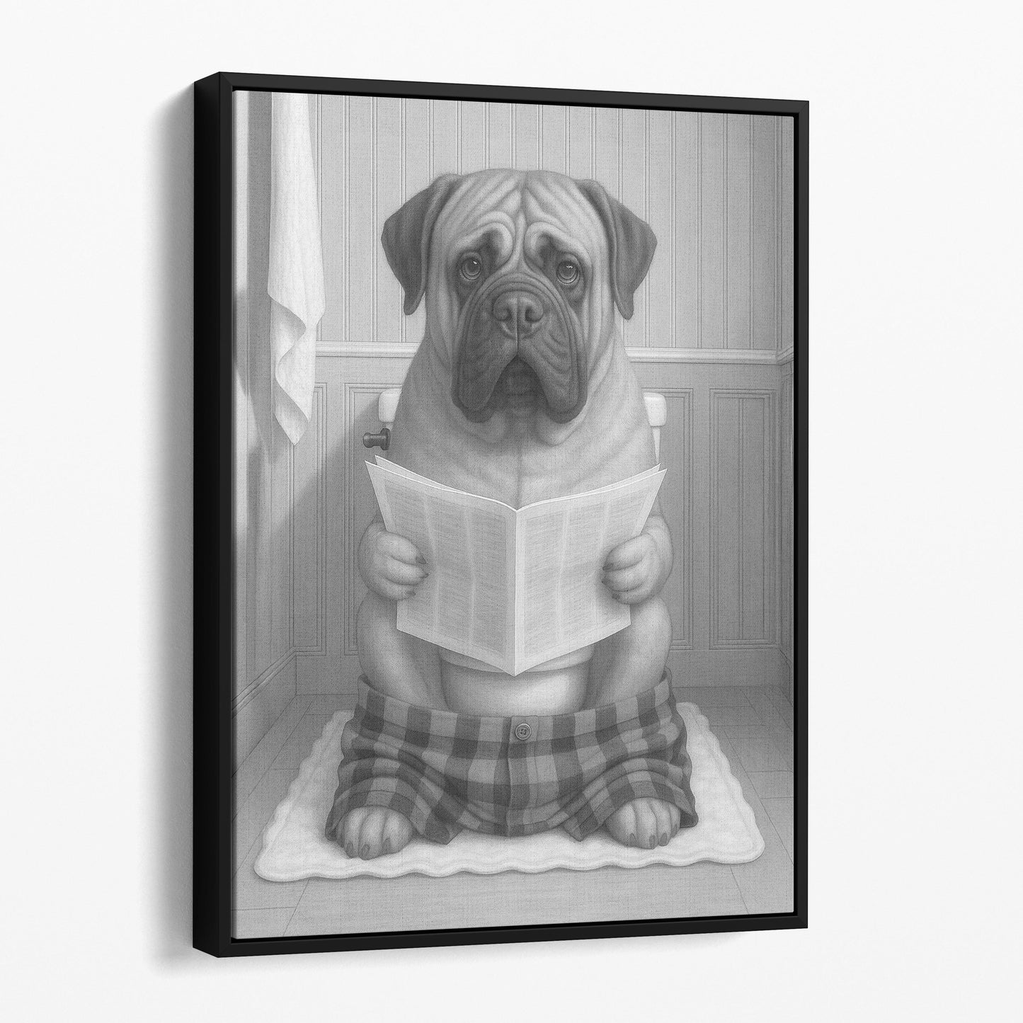 Mastiff Dog Reading The Newspaper On The Toilet