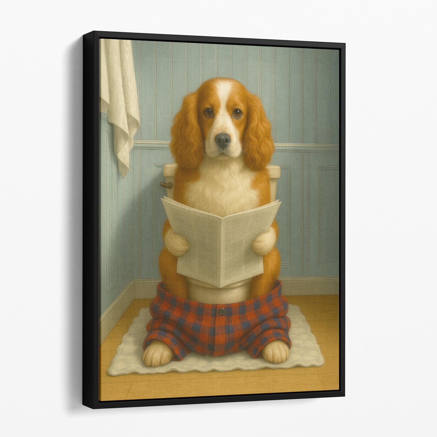 Cocker Spaniel Dog Reading The Newspaper On The Toilet