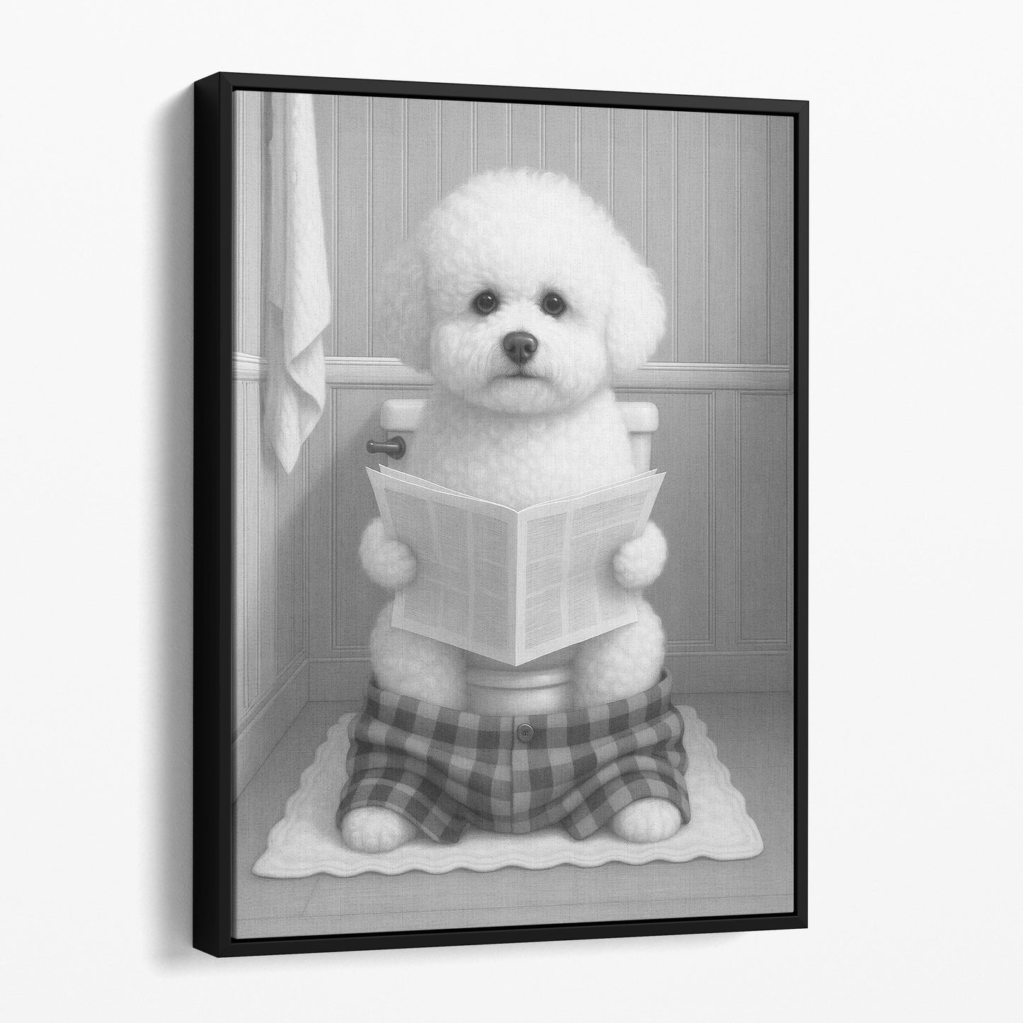 Bichon Frise Dog Reading The Newspaper On The Toilet