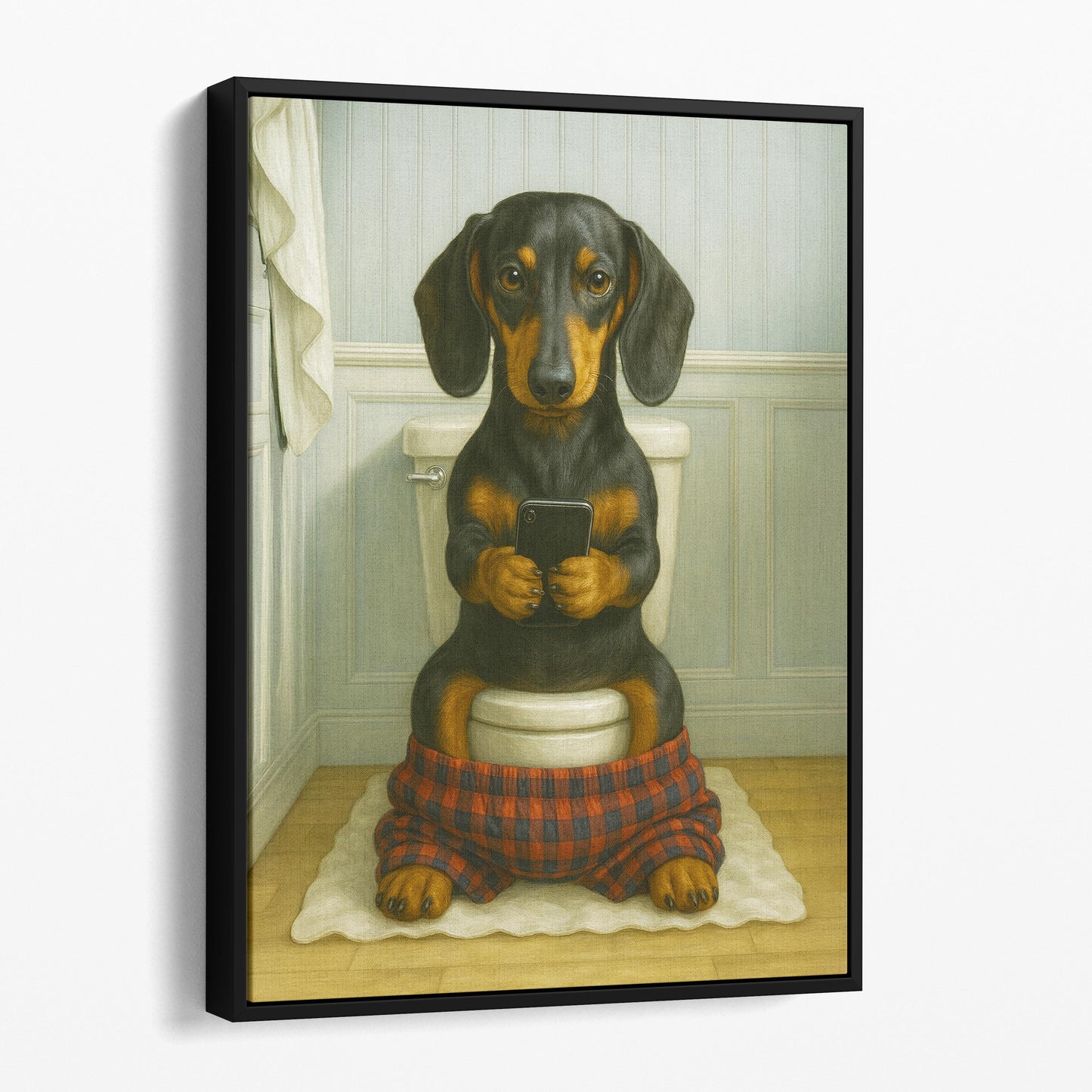 Dachshund Dog On The Phone On The Toilet