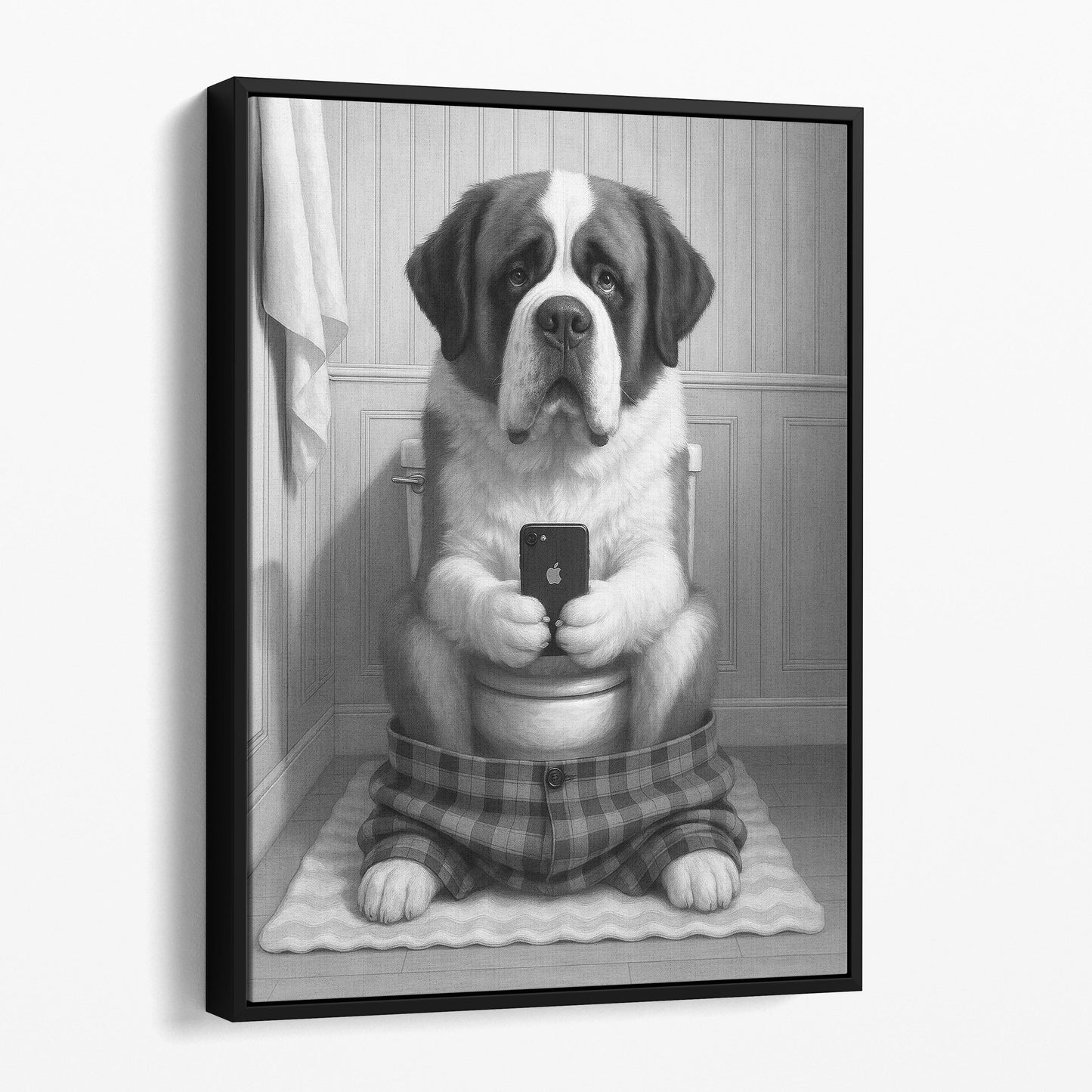 Saint Bernard Dog On The Phone On The Toilet