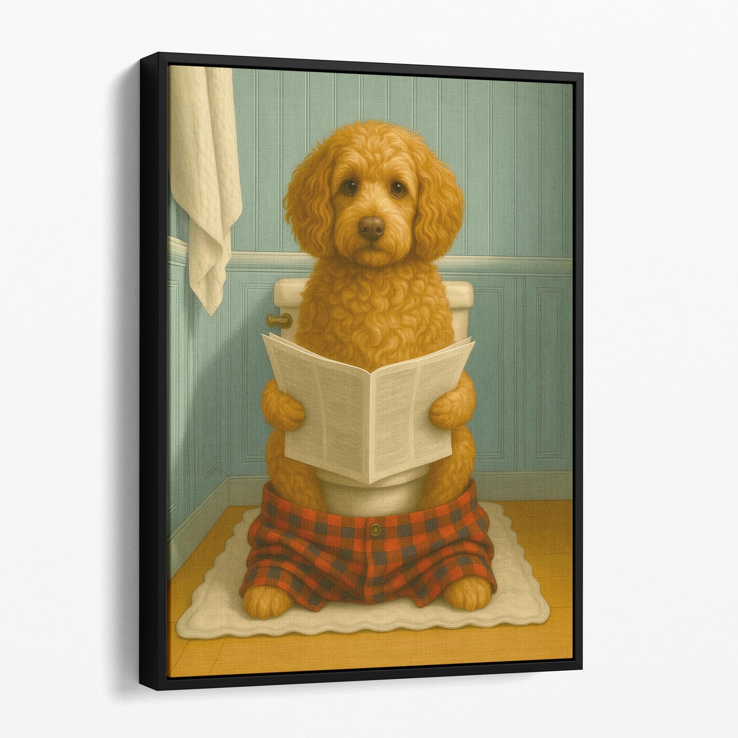 Cockapoo Dog Reading The Newspaper On The Toilet