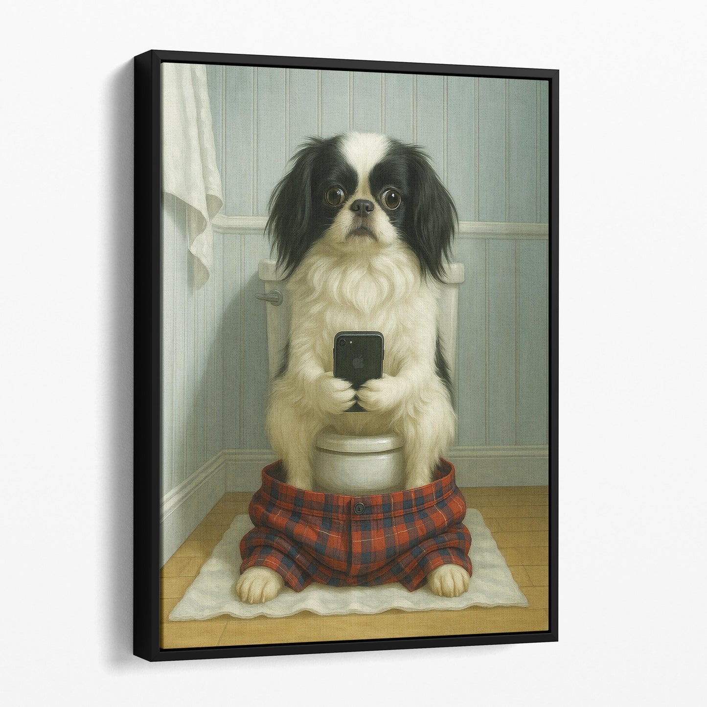 Japanese Chin Dog On The Phone On The Toilet