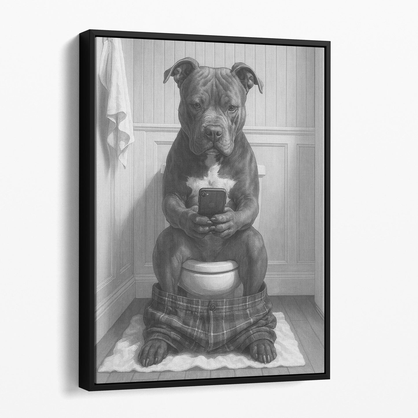 Pit Bull Terrier Dog On The Phone On The Toilet