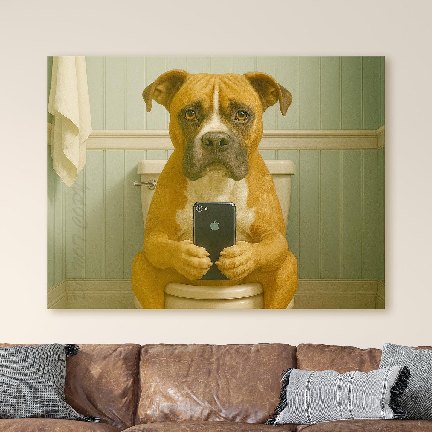 Boxer Dog On The Phone On The Toilet