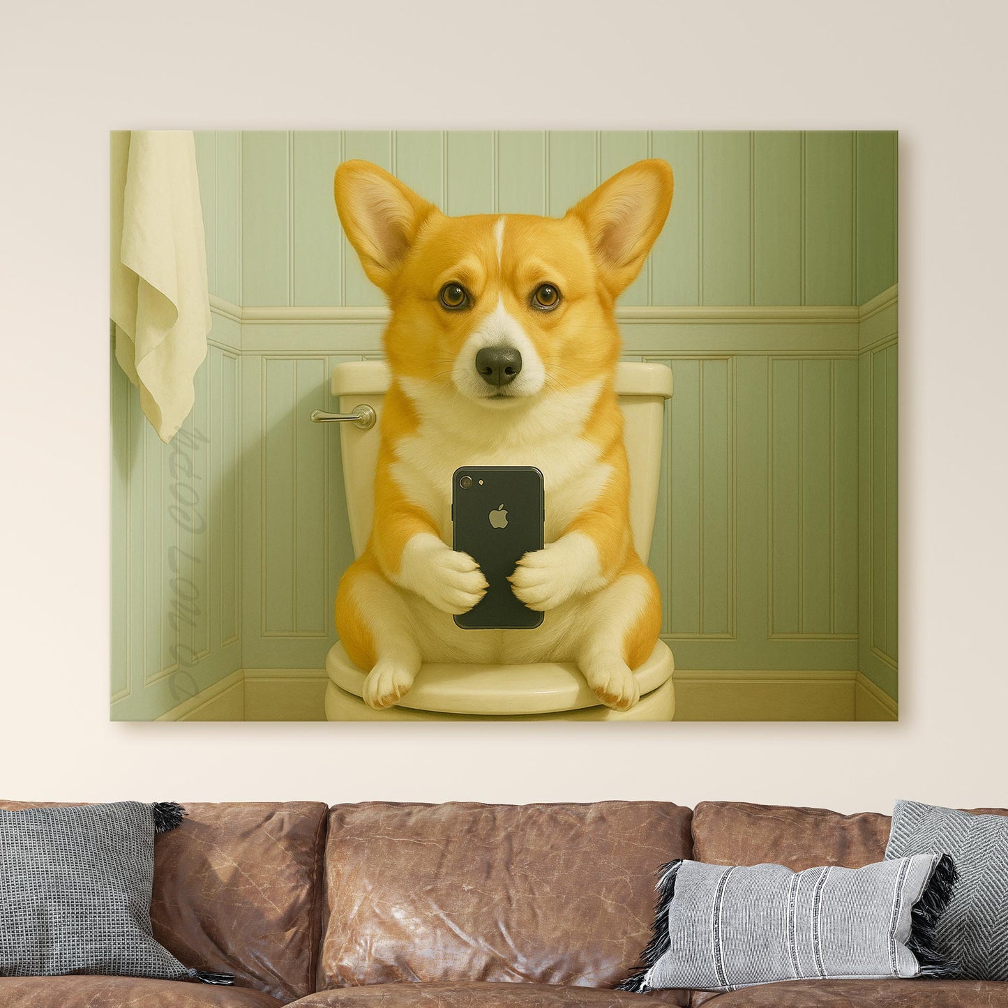 Corgi Dog On The Phone On The Toilet
