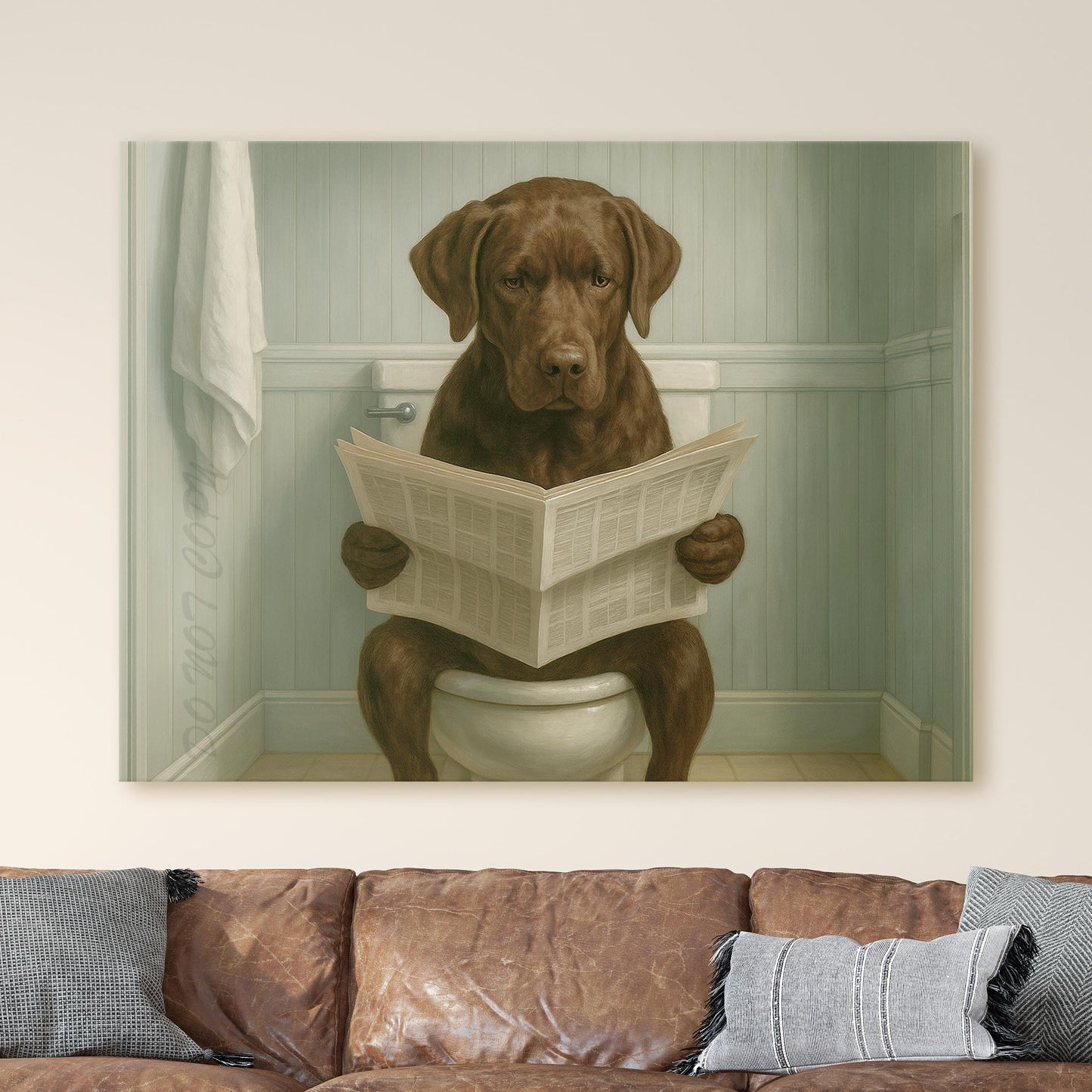 Chocolate Labrador Retriever Reading The Newspaper On The Toilet