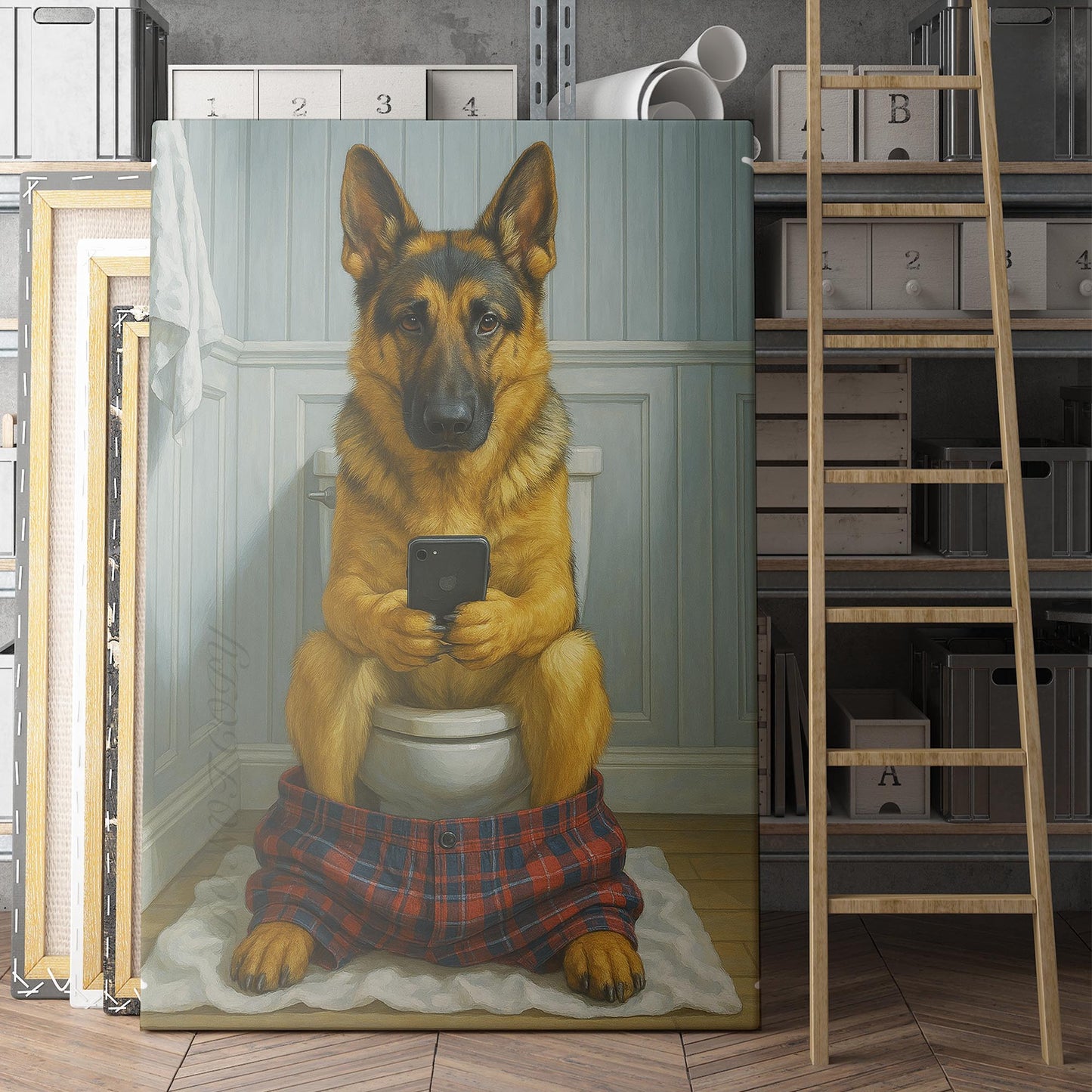 German Shepherd On The Phone On The Toilet
