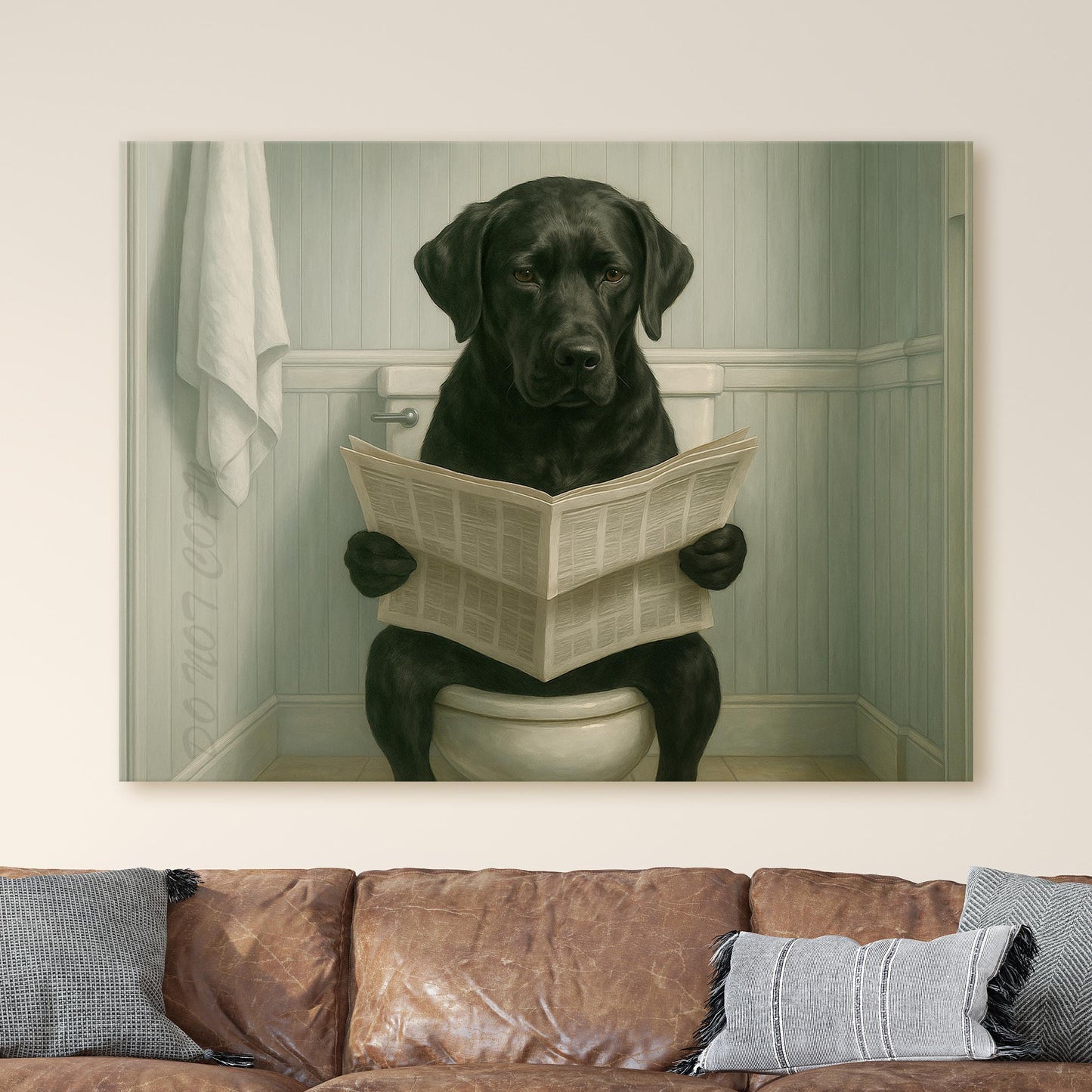 Black Labrador Retriever Reading The Newspaper On The Toilet
