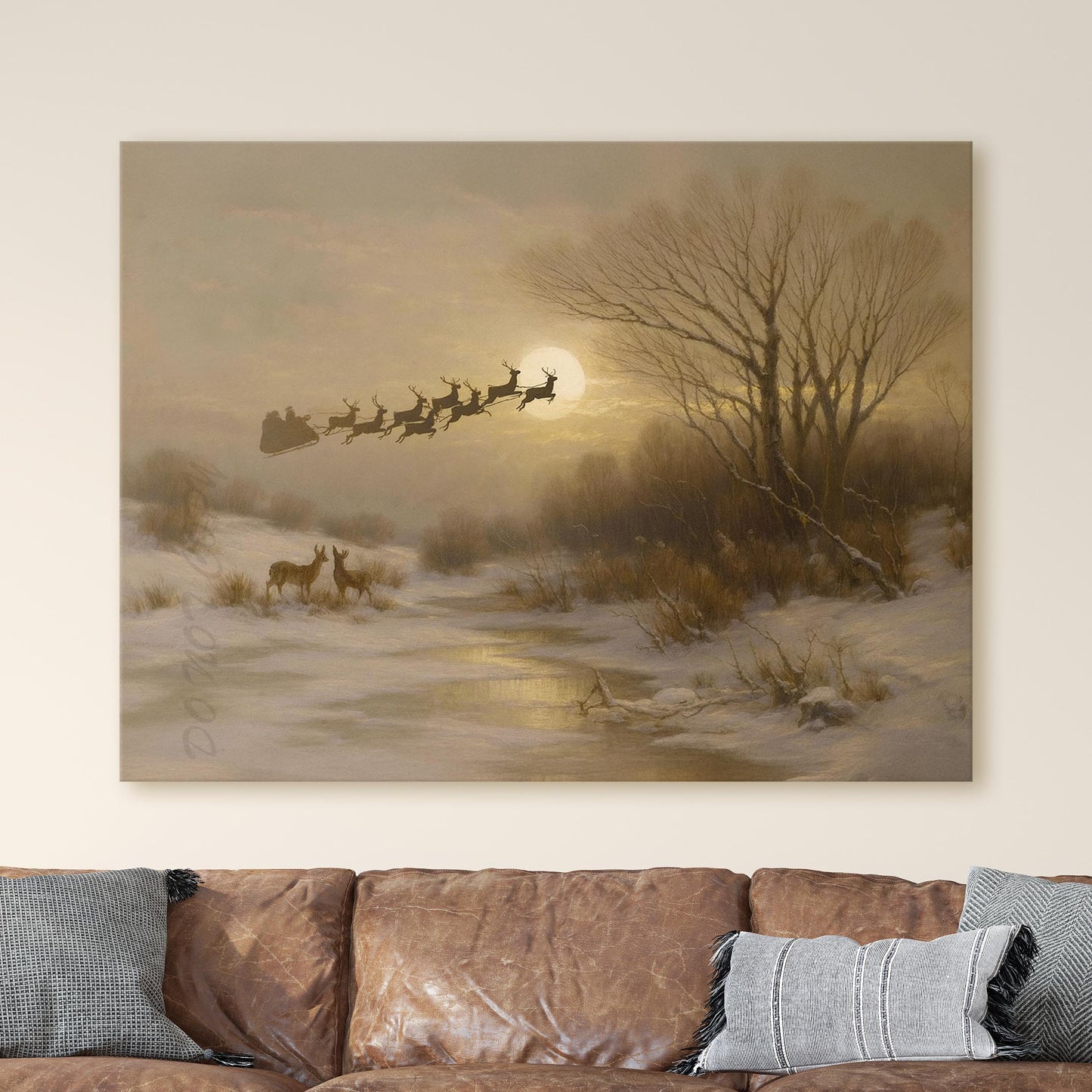 Santa Claus Flying Over Snowy Landscape