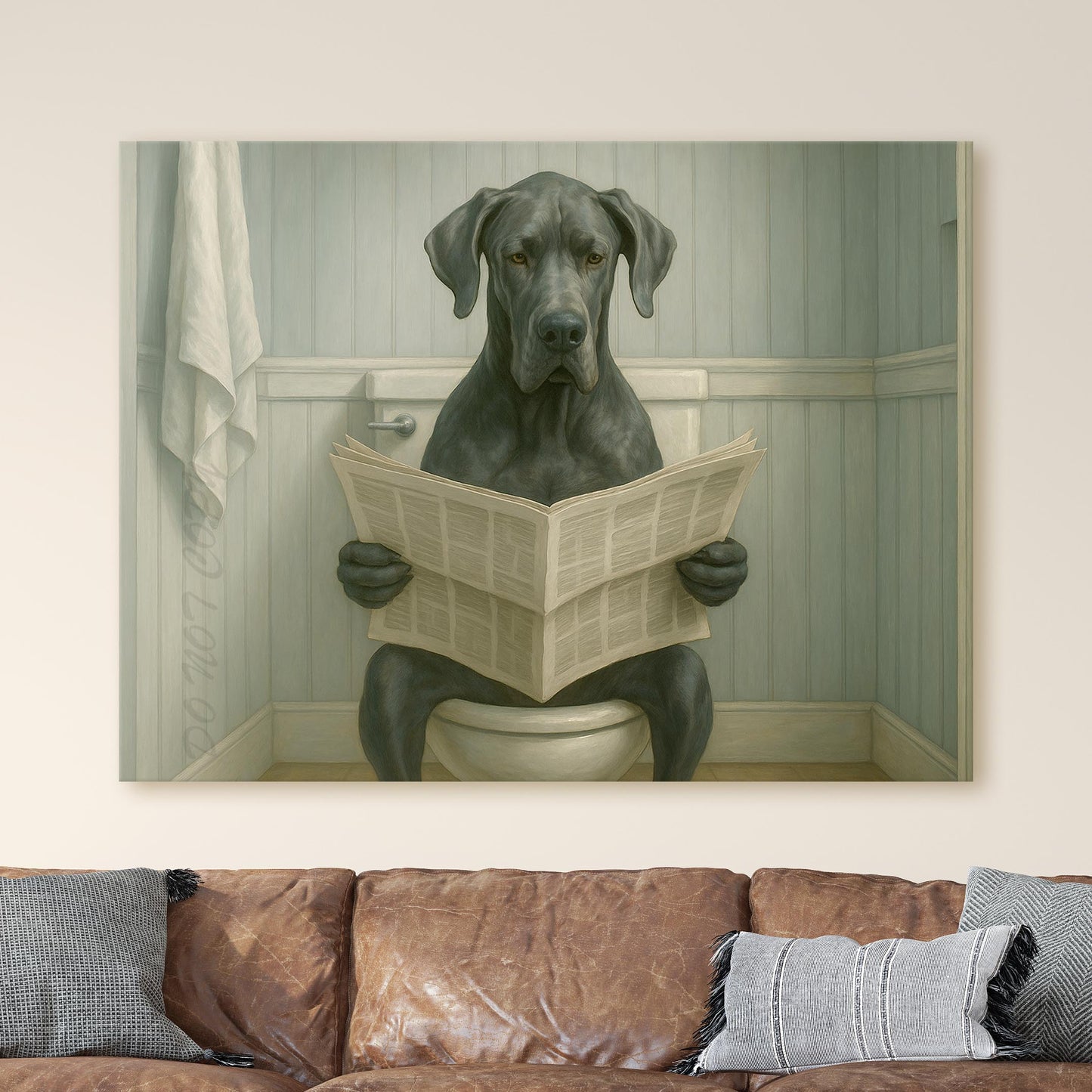 Great Dane Dog Reading The Newspaper On The Toilet