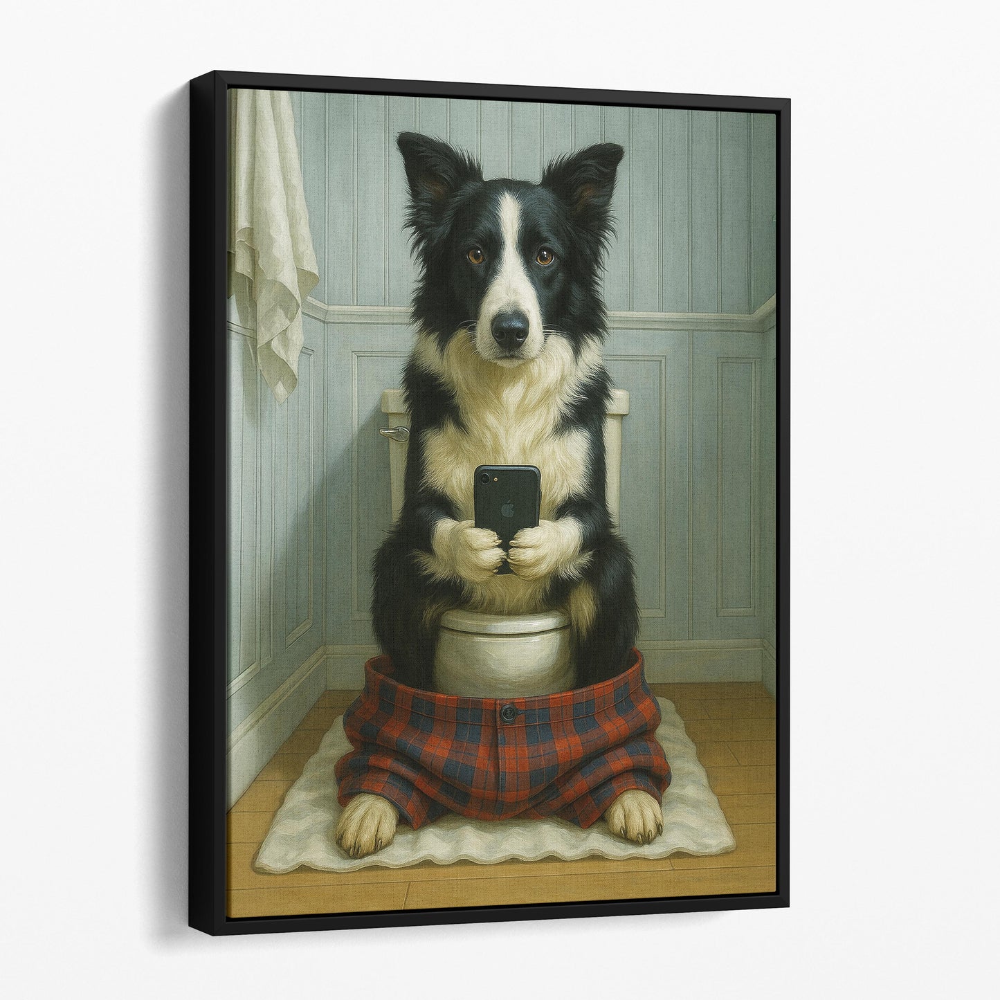 Border Collie Dog On The Phone On The Toilet