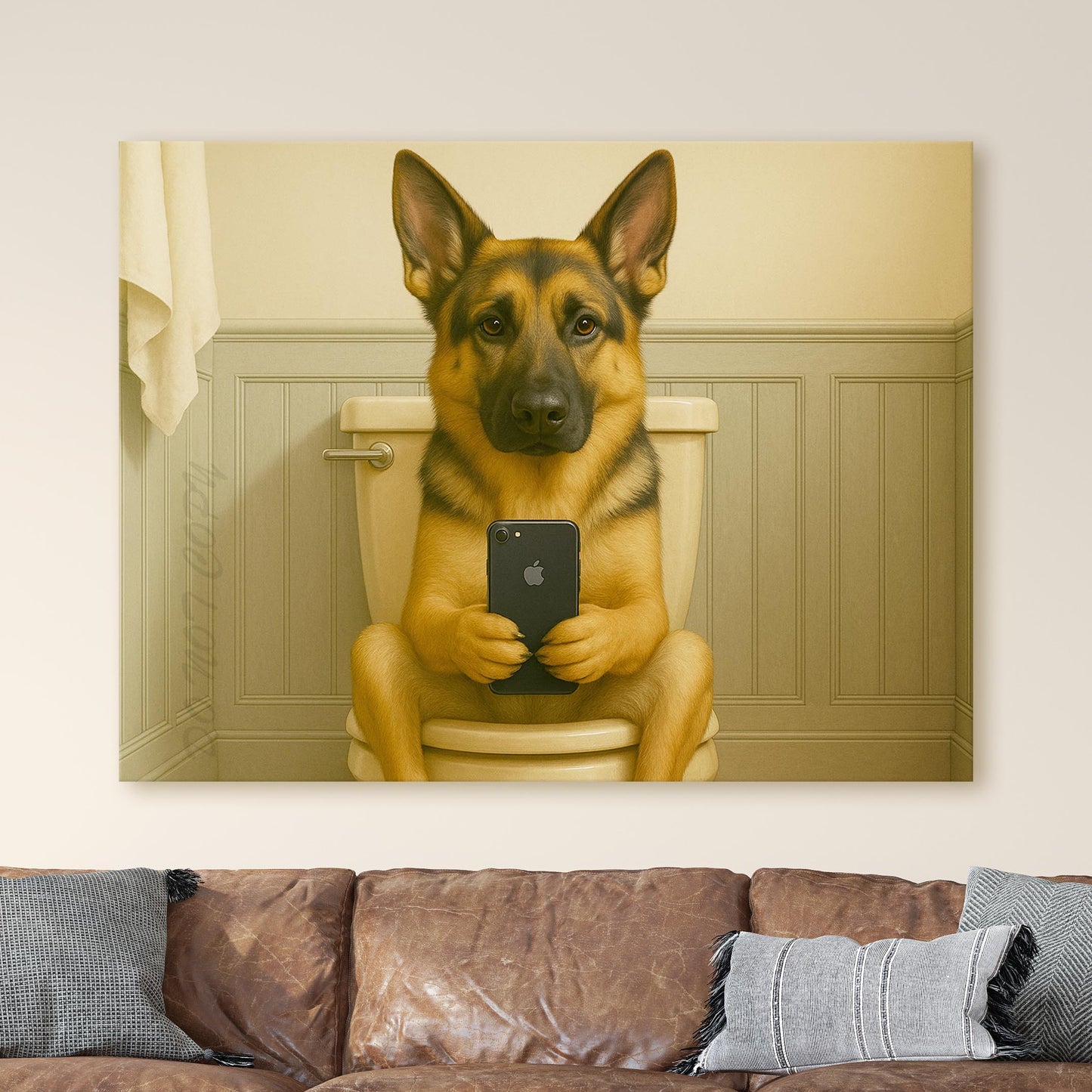 German Shepherd Dog On The Phone On The Toilet
