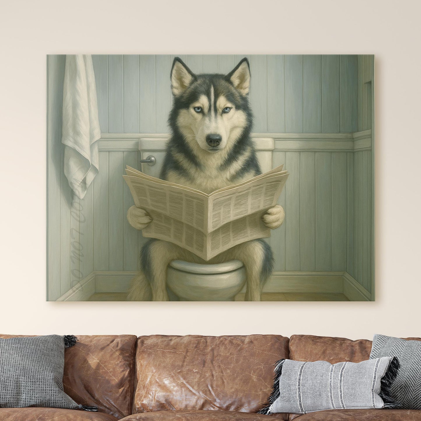 Husky Dog On The Toilet Reading The Newspaper