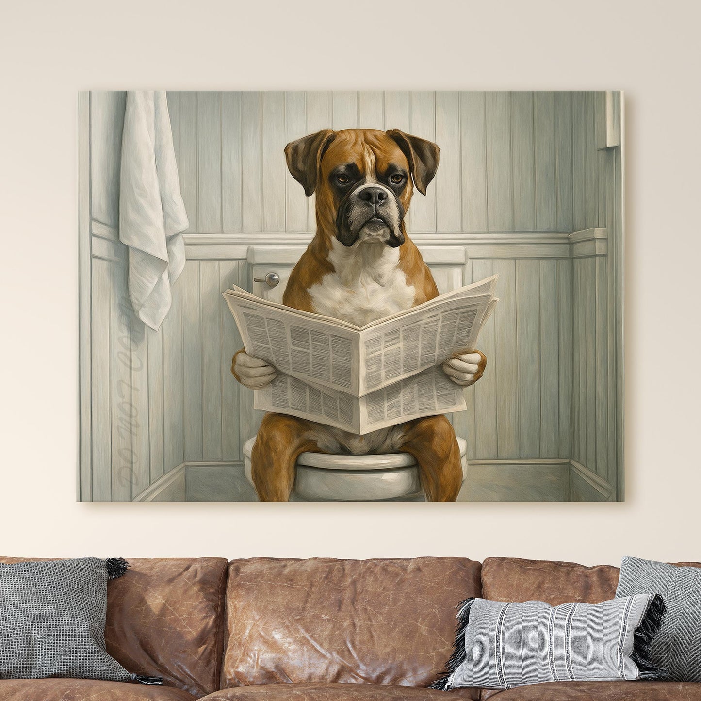 Boxer Dog Reading The Newspaper On The Toilet