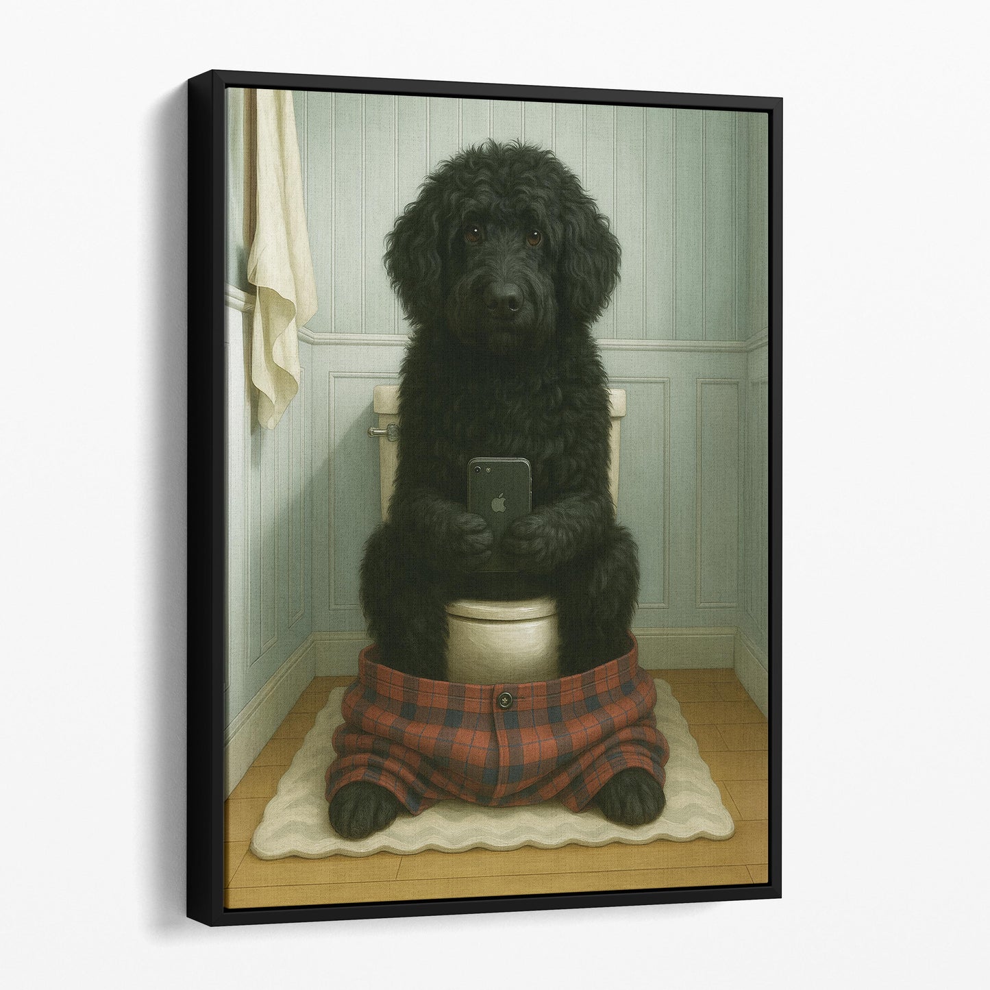 Portuguese Water Dog On The Phone On The Toilet