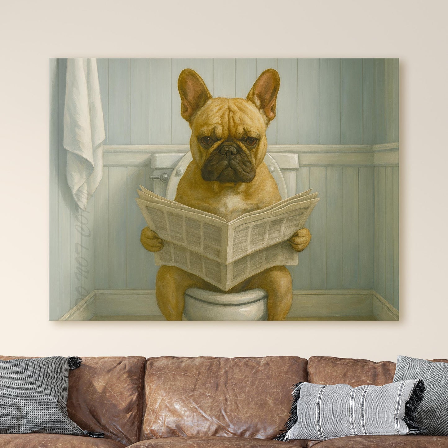 French Bulldog Reading The Newspaper On The Toilet