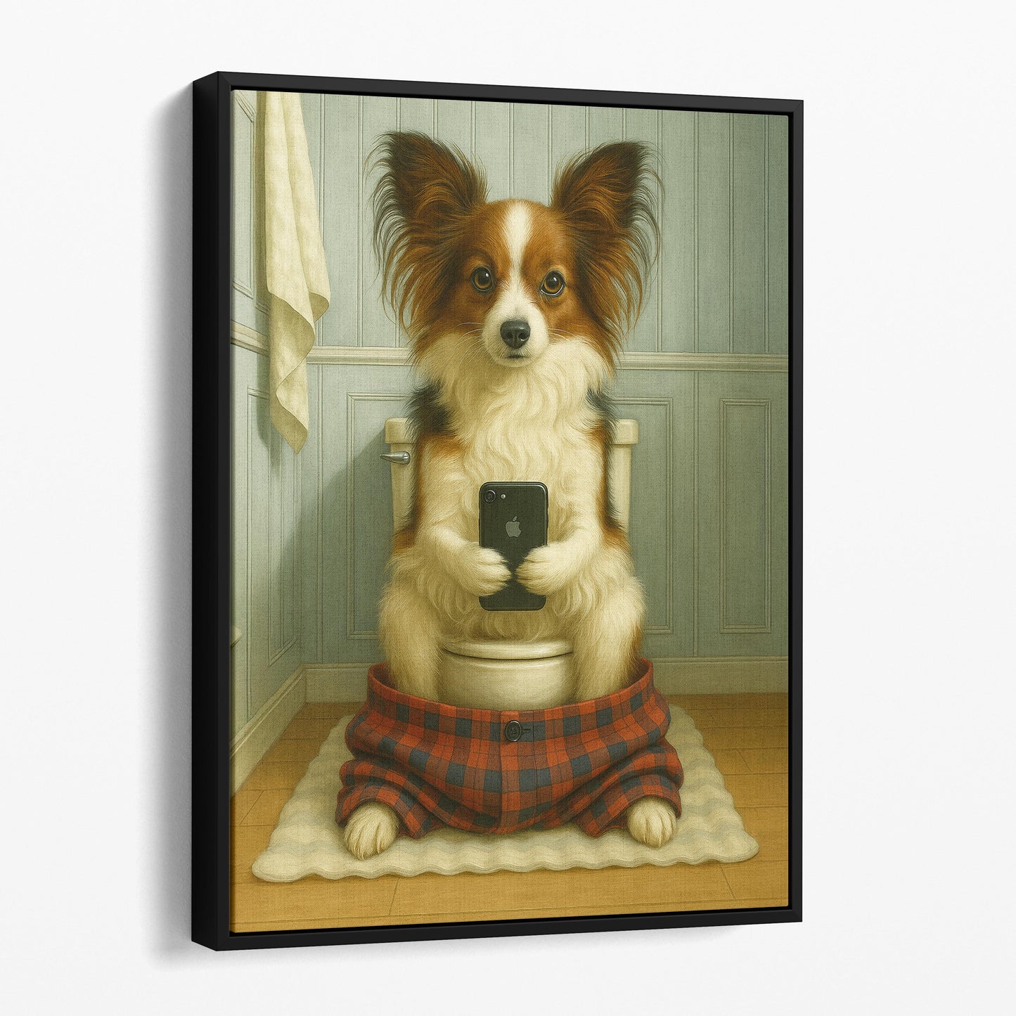 Papillon Dog On The Phone On The Toilet