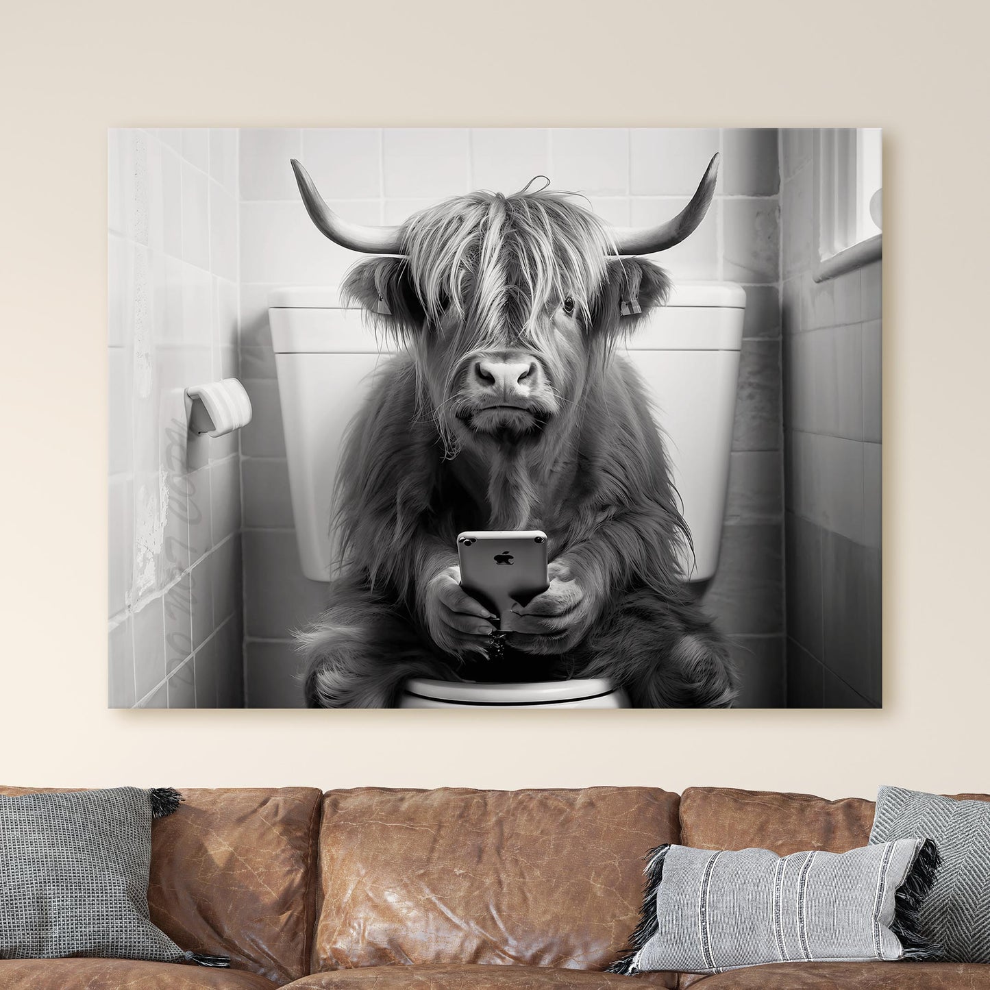 Highland Cow On The Phone On The Toilet II