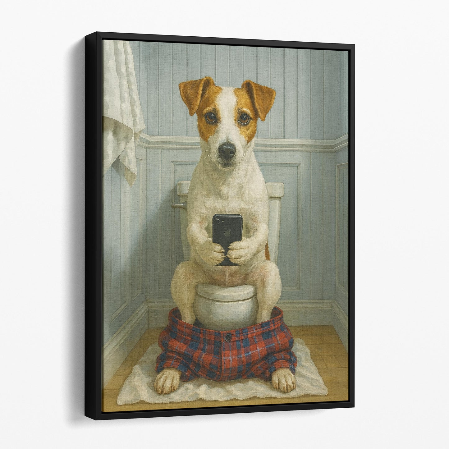 Jack Russell Terrier Dog On The Phone On The Toilet