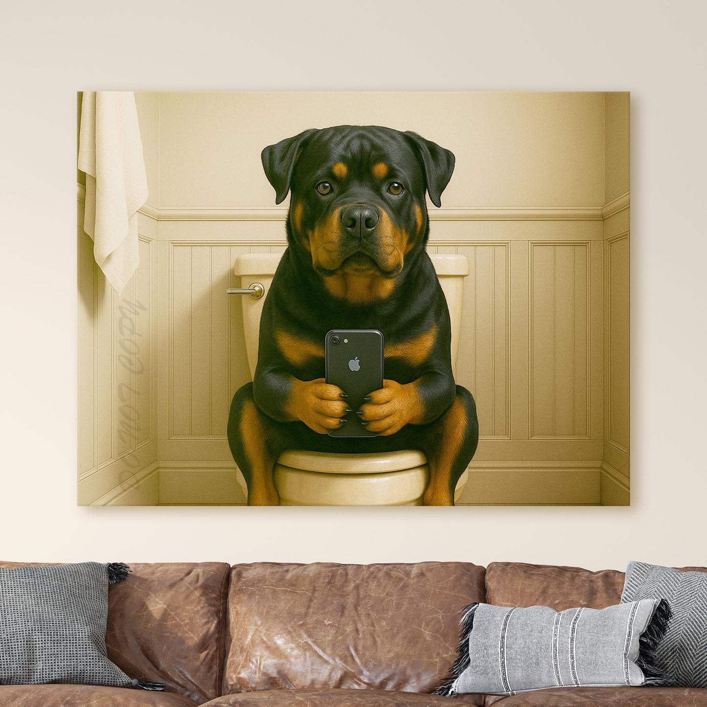 Rottweiler Dog On The Phone On The Toilet