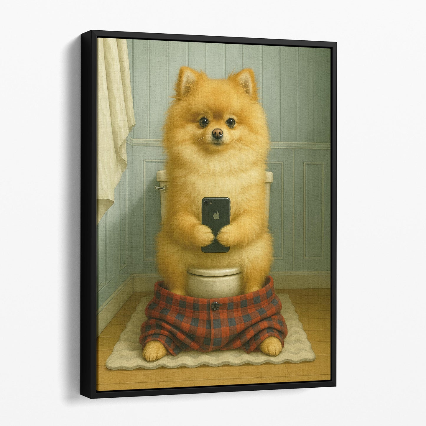 Pomeranian Dog On The Phone On The Toilet
