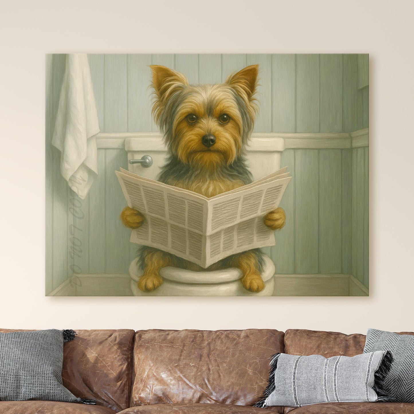 Yorkshire Terrier Reading The Newspaper On The Toilet