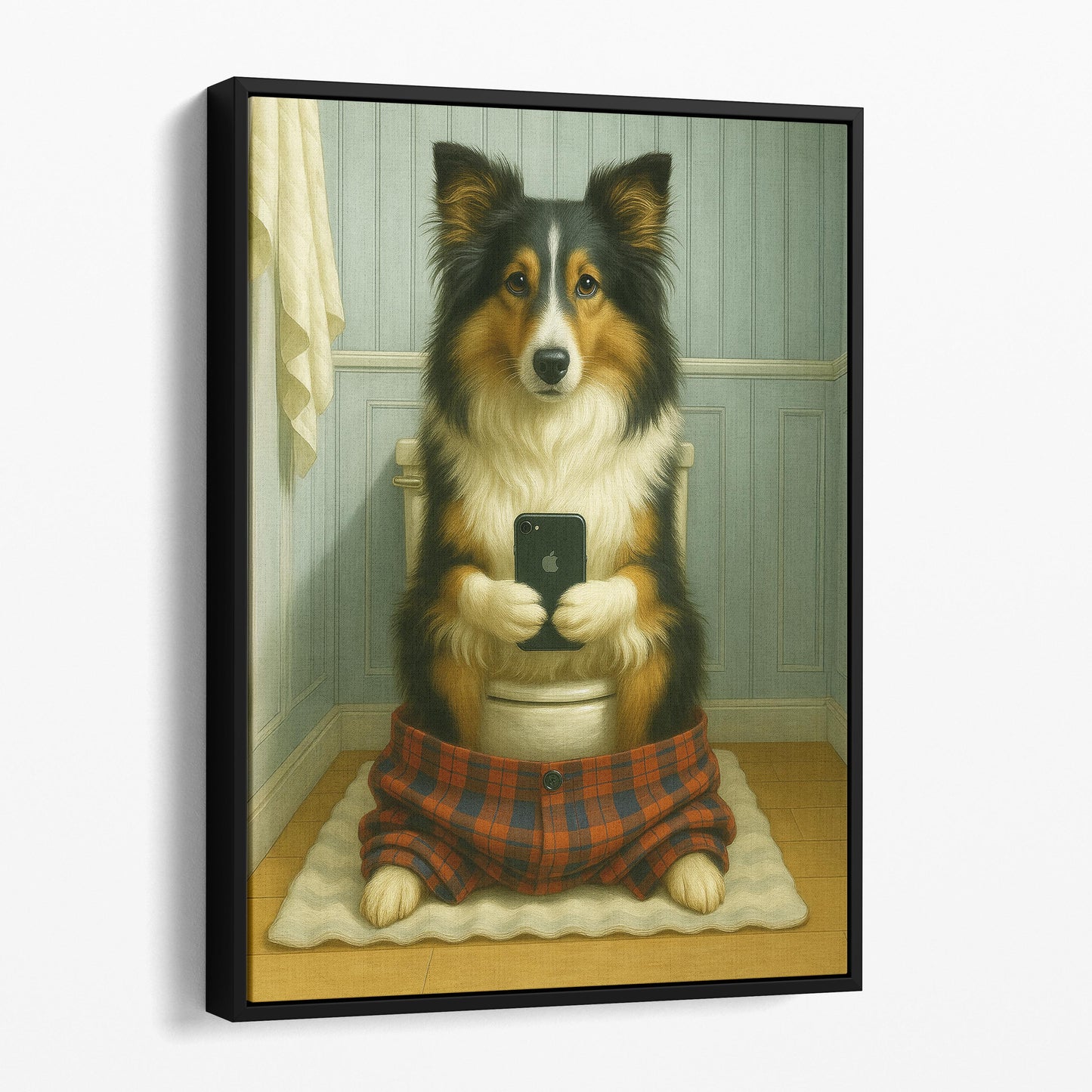 Shetland Sheepdog On The Phone On The Toilet