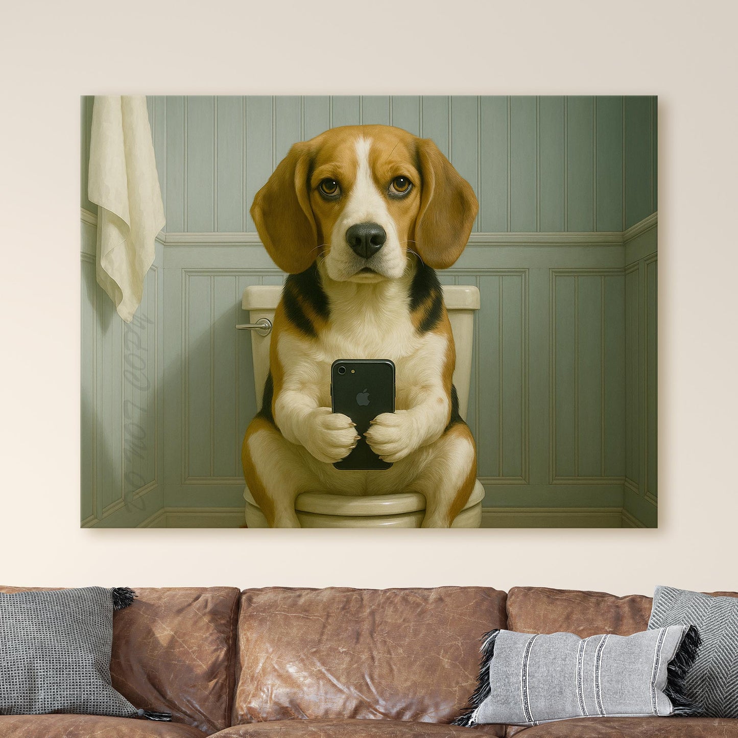 Beagle Dog On The Phone On The Toilet