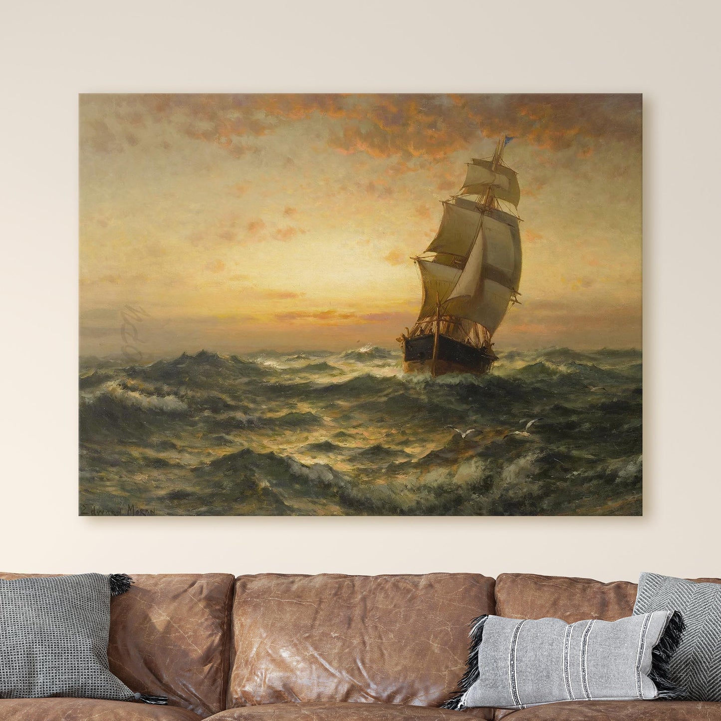 Ship at Sea, Sunset by Edward Moran
