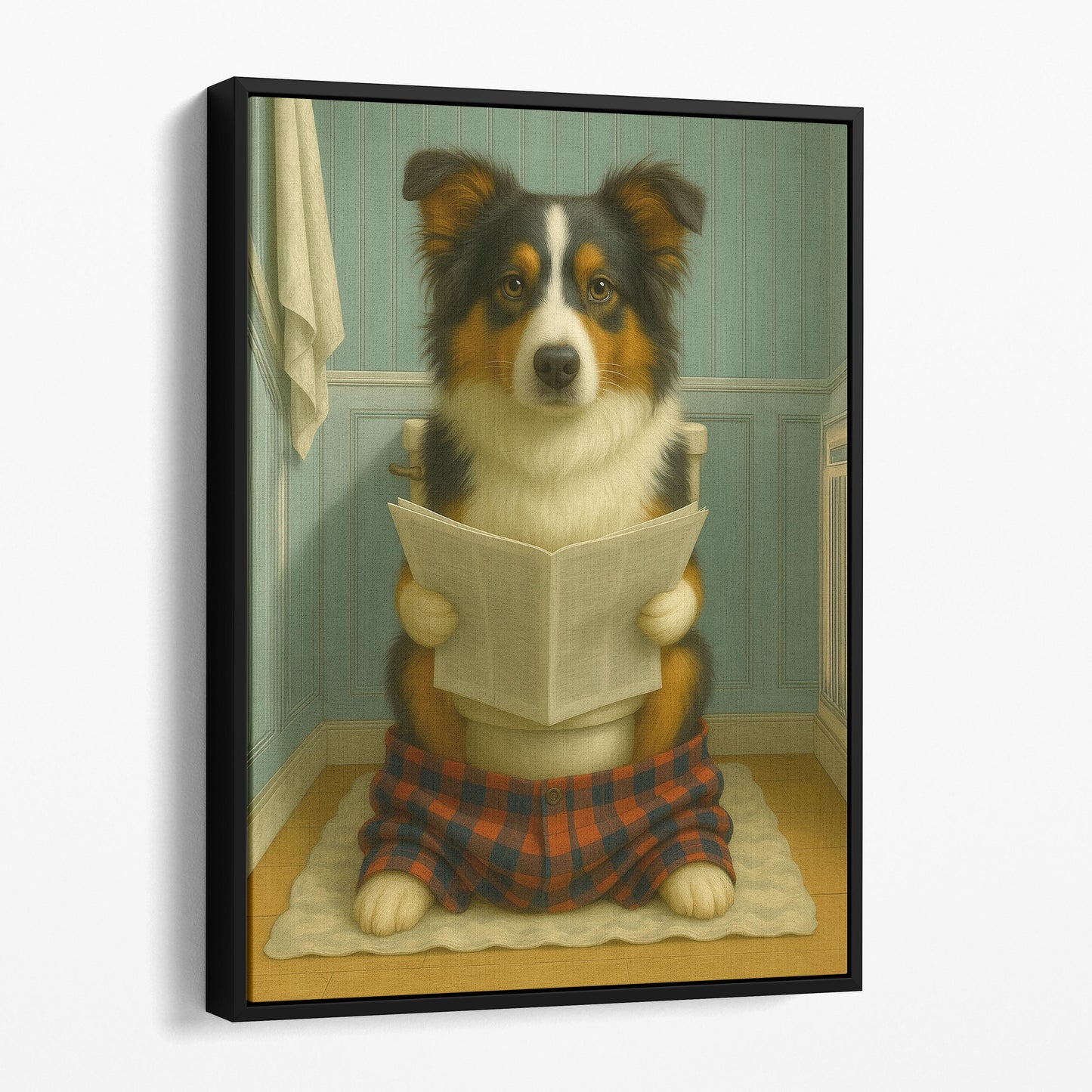 Australian Shepherd Dog Reading The Newspaper On The Toilet