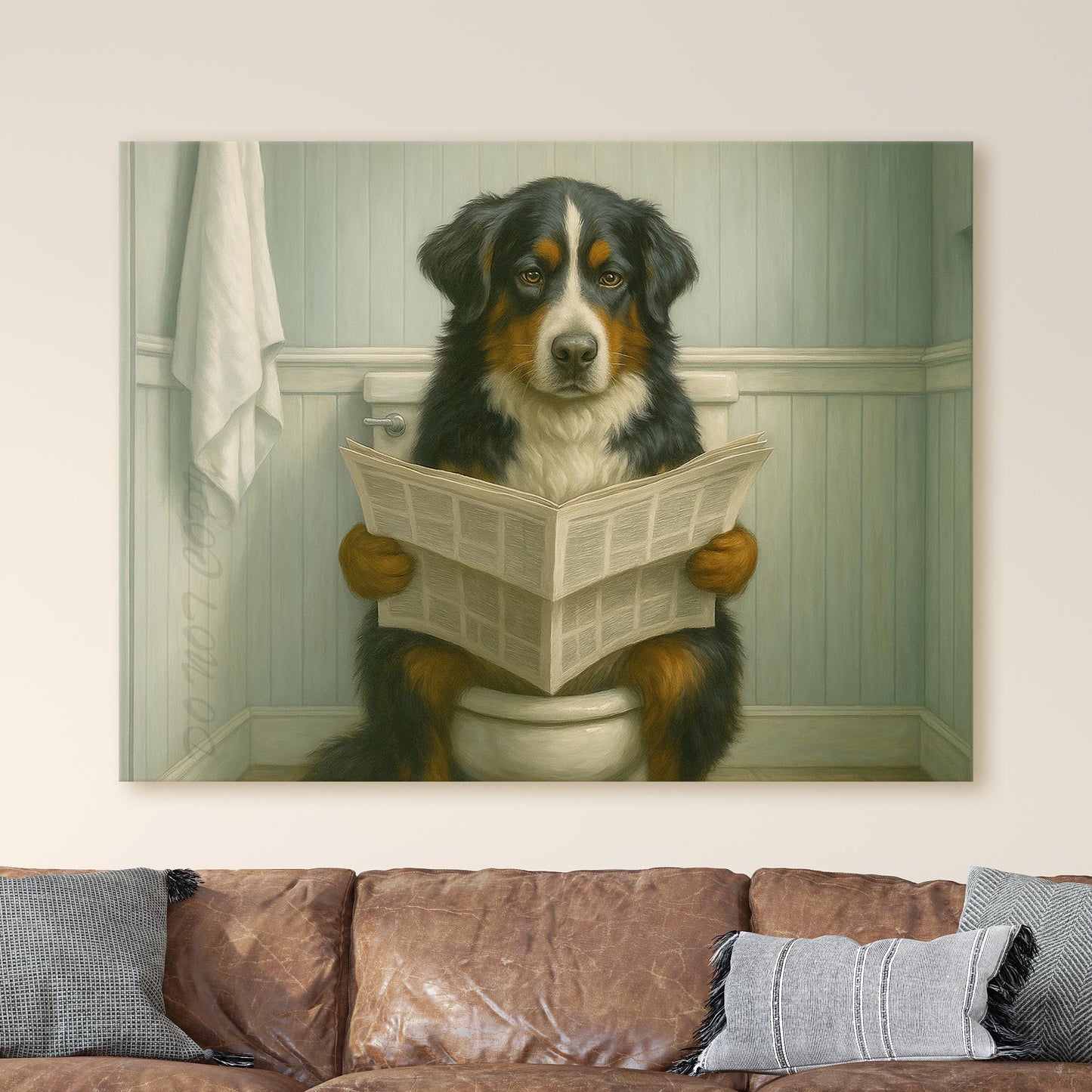 Bernese Mountain Dog Reading The Newspaper On The Toilet