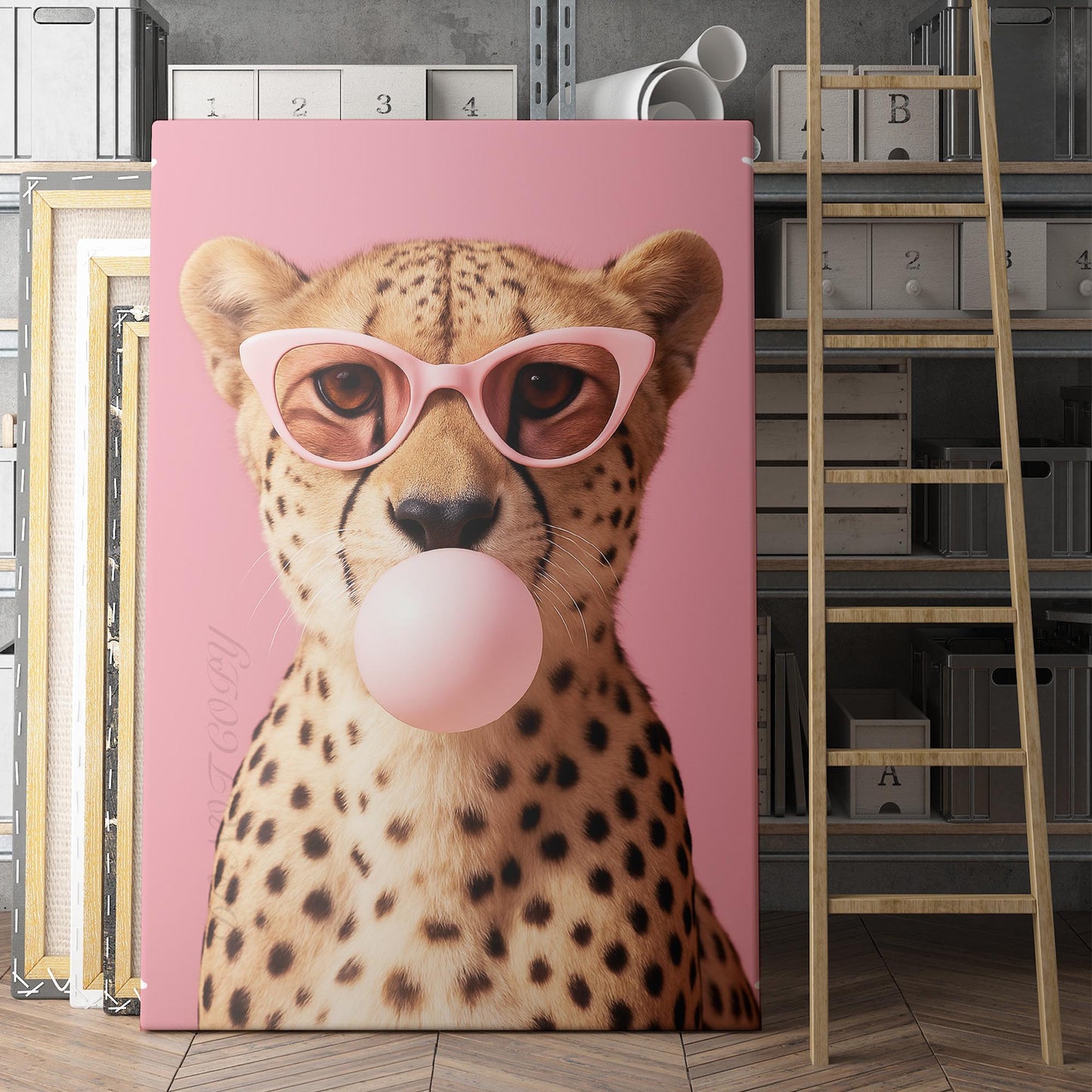 Cheetah With Sunglasses Blowing Pink Bubble Gum