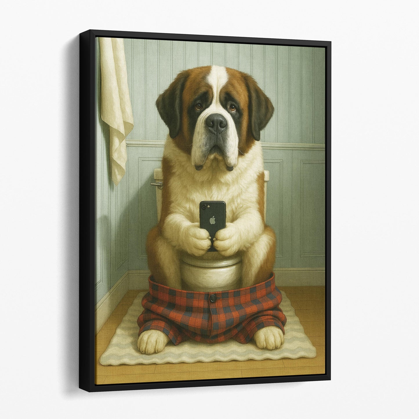 St. Bernard Dog On The Phone On The Toilet