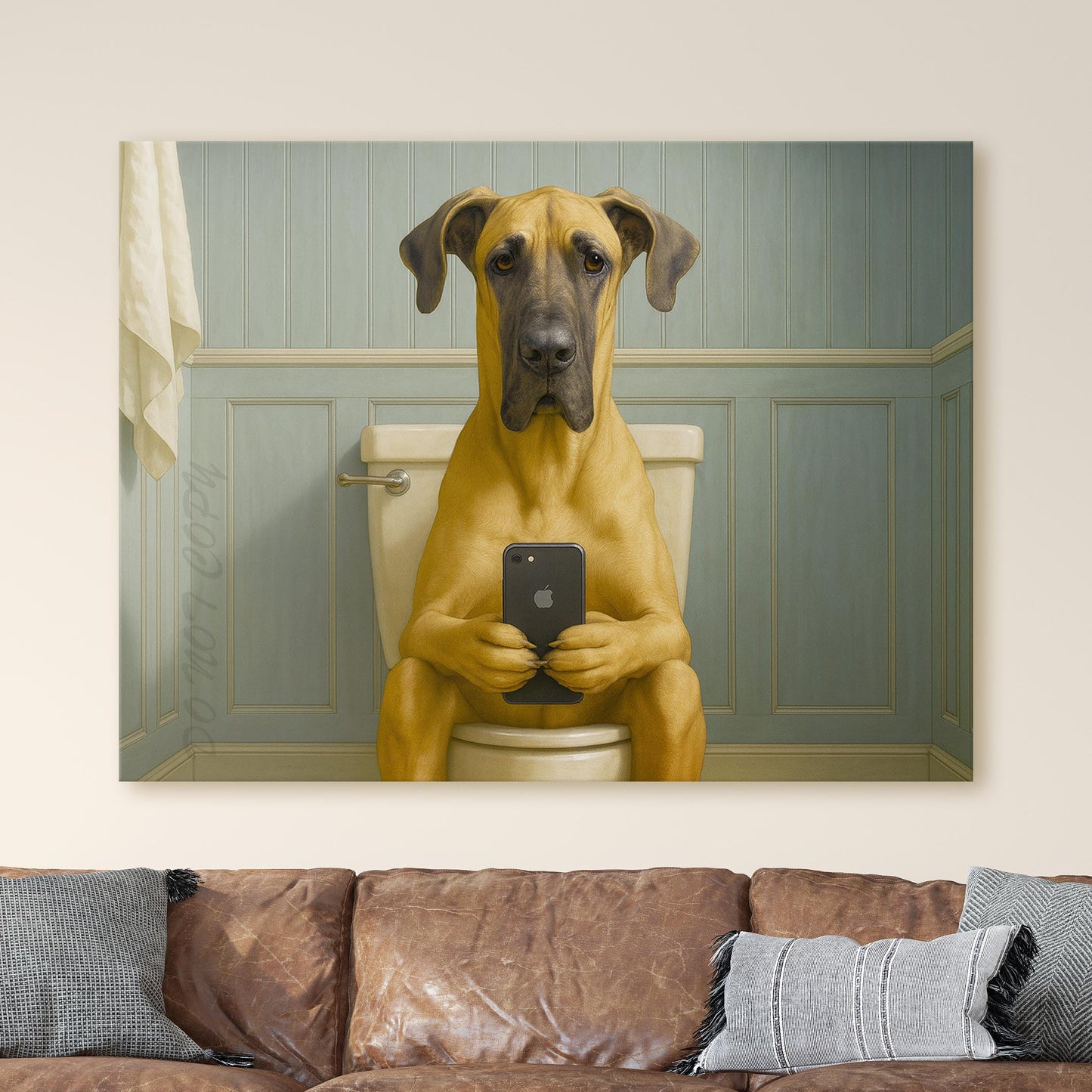 Great Dane Dog On The Phone On The Toilet