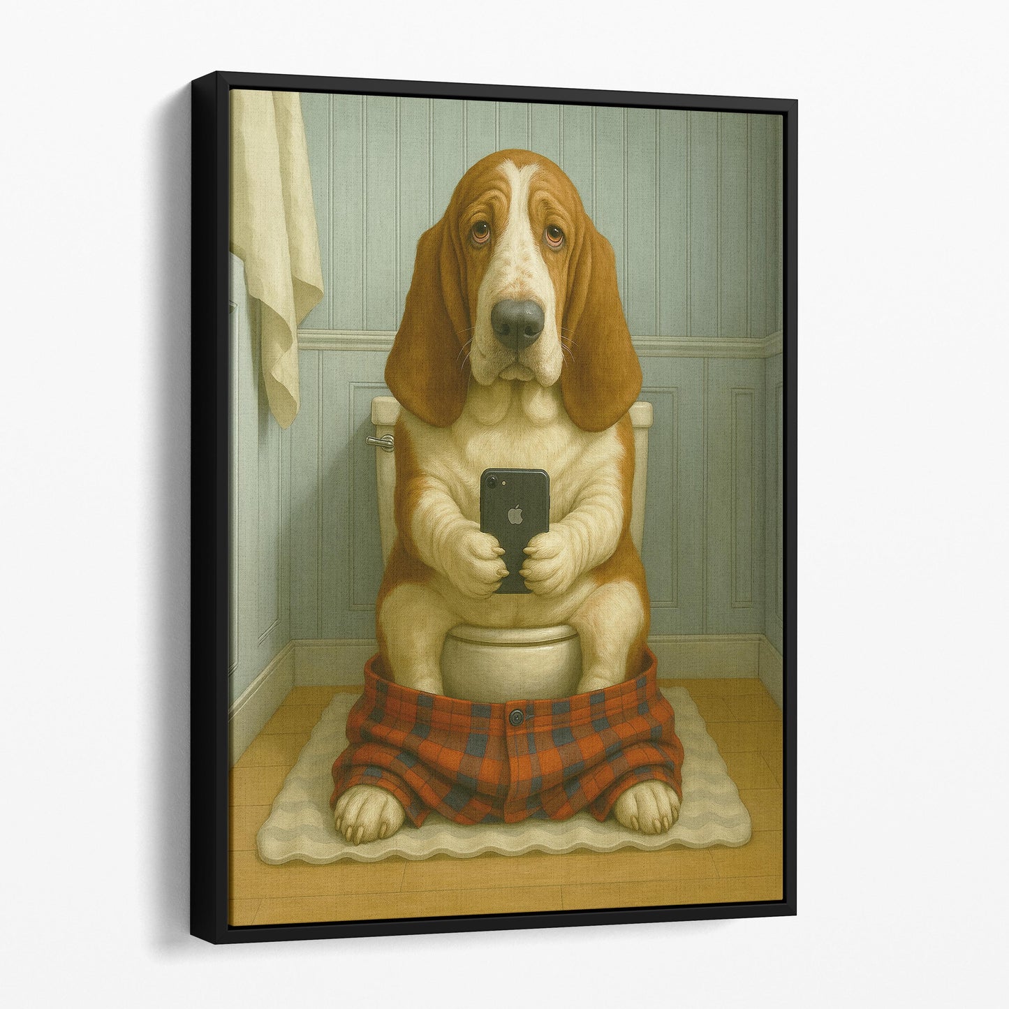 Basset Hound Dog On The Phone On The Toilet
