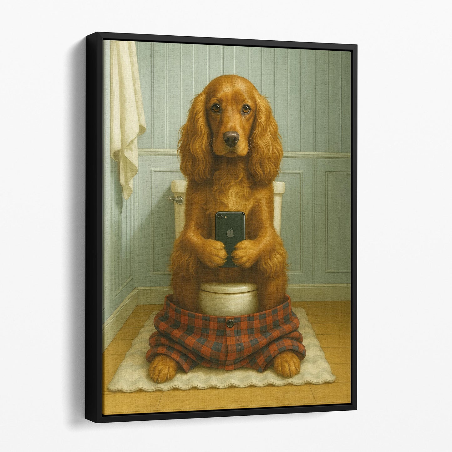 English Cocker Spaniel Dog On The Phone On The Toilet