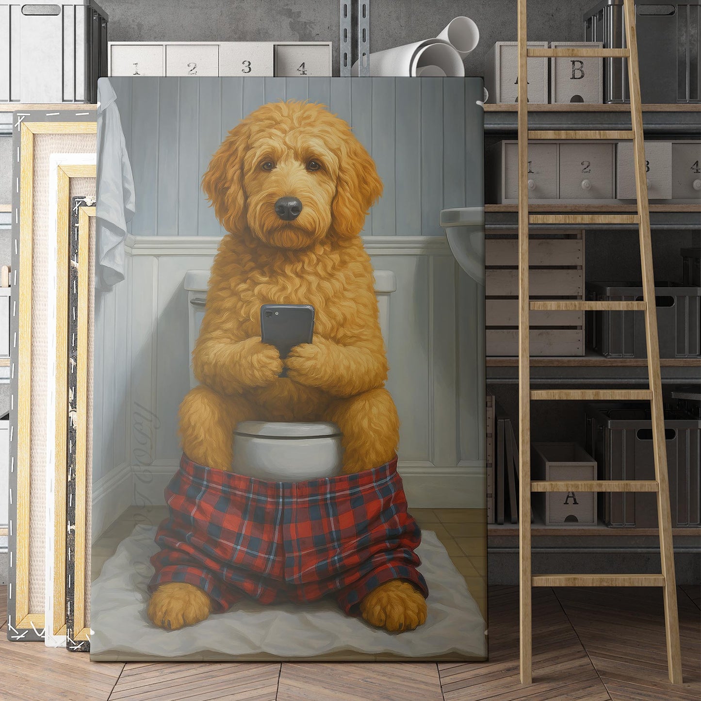 Golden Doodle On The Phone On The Toilet