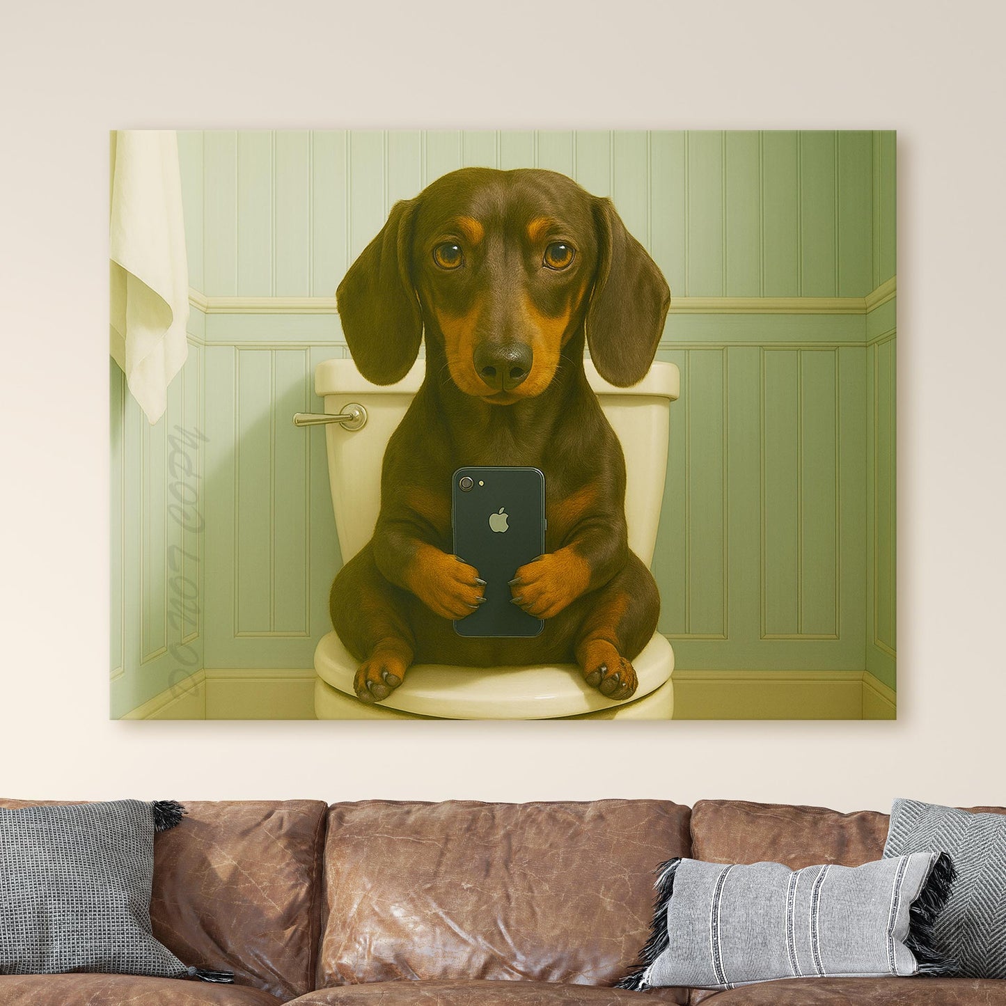 Dachshund Dog On The Phone On The Toilet