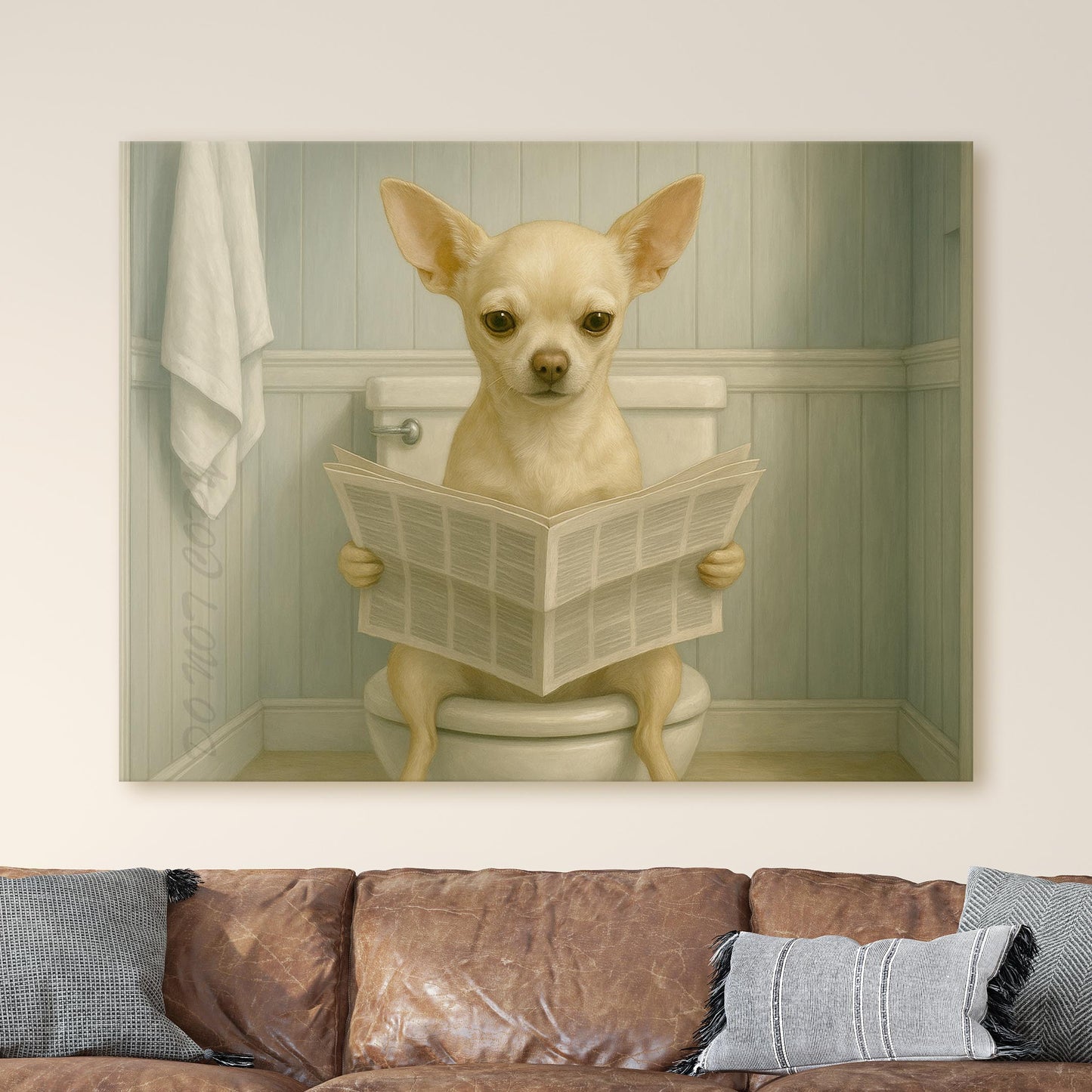 Chihuahua Dog Reading The Newspaper On The Toilet II